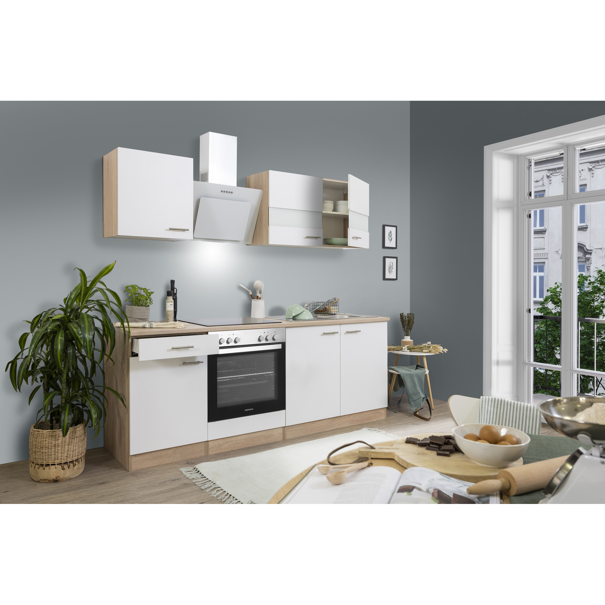 Küchenzeile 'Merle' mit E-Geräten KB220ESWC weiß/eichefarben 210 cm