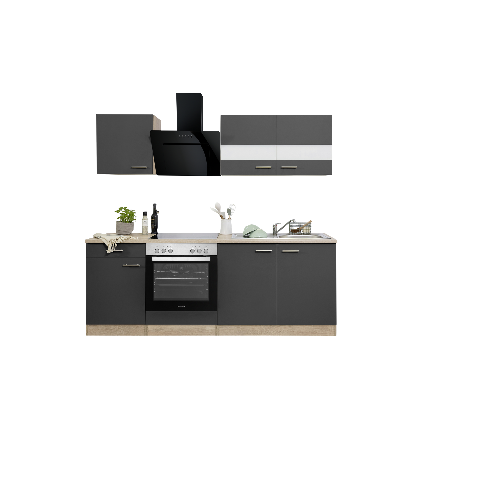 Küchenzeile 'Merle' mit E-Geräten KB210ESGSSC grau/eichefarben 210 cm