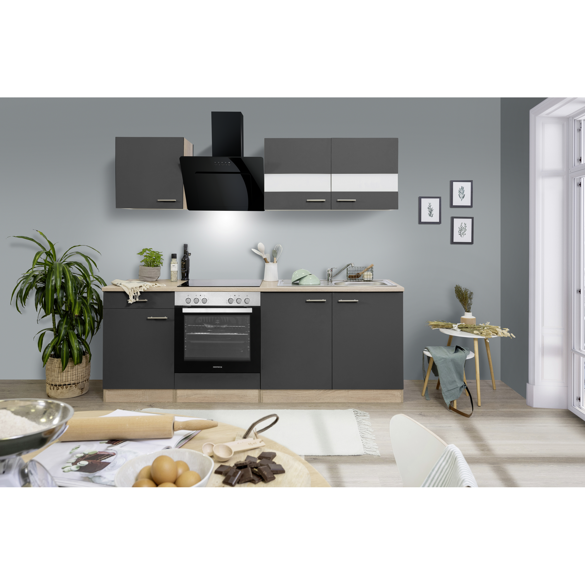 Küchenzeile 'Merle' mit E-Geräten KB210ESGSSC grau/eichefarben 210 cm