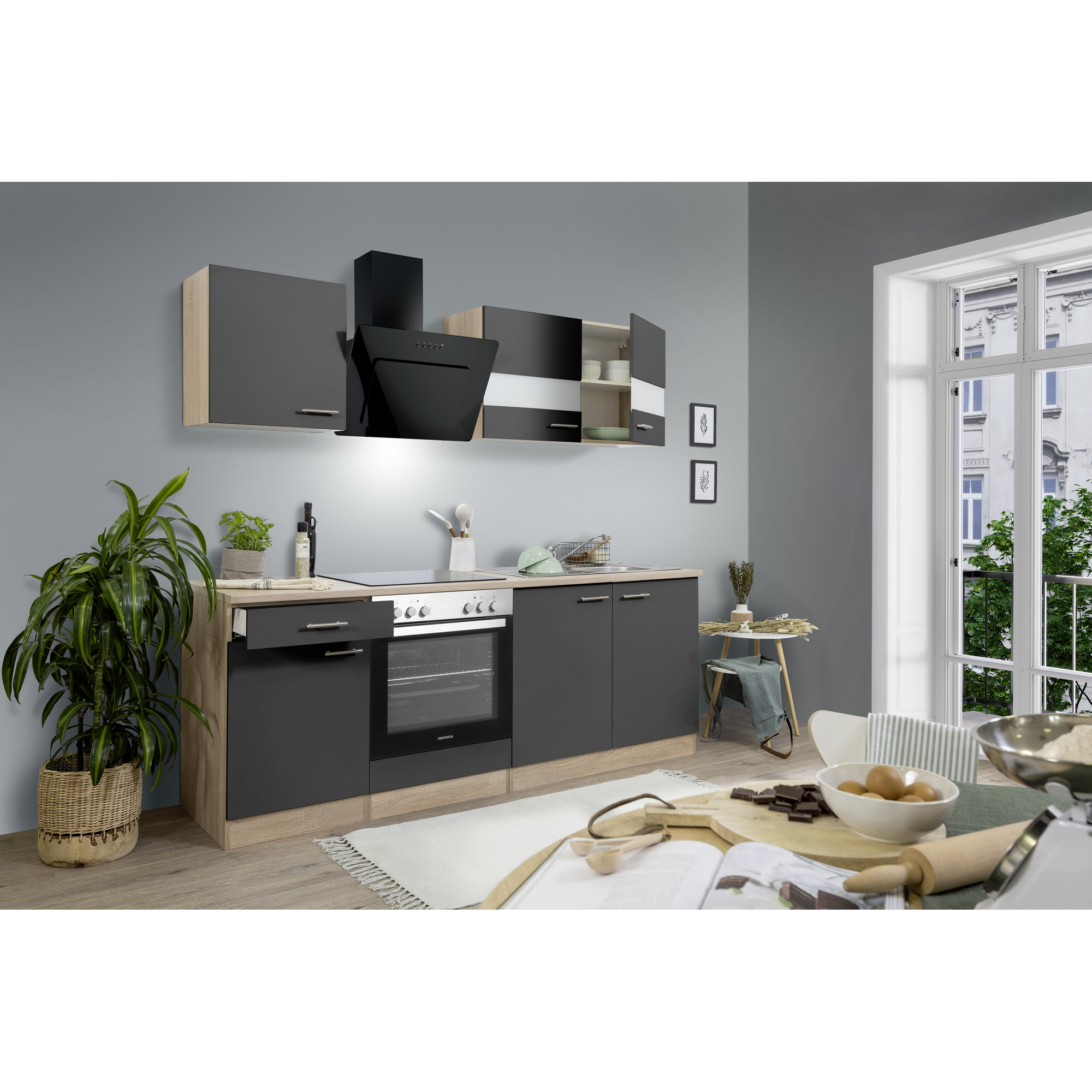 Küchenzeile 'Merle' mit E-Geräten KB210ESGSSC grau/eichefarben 210 cm