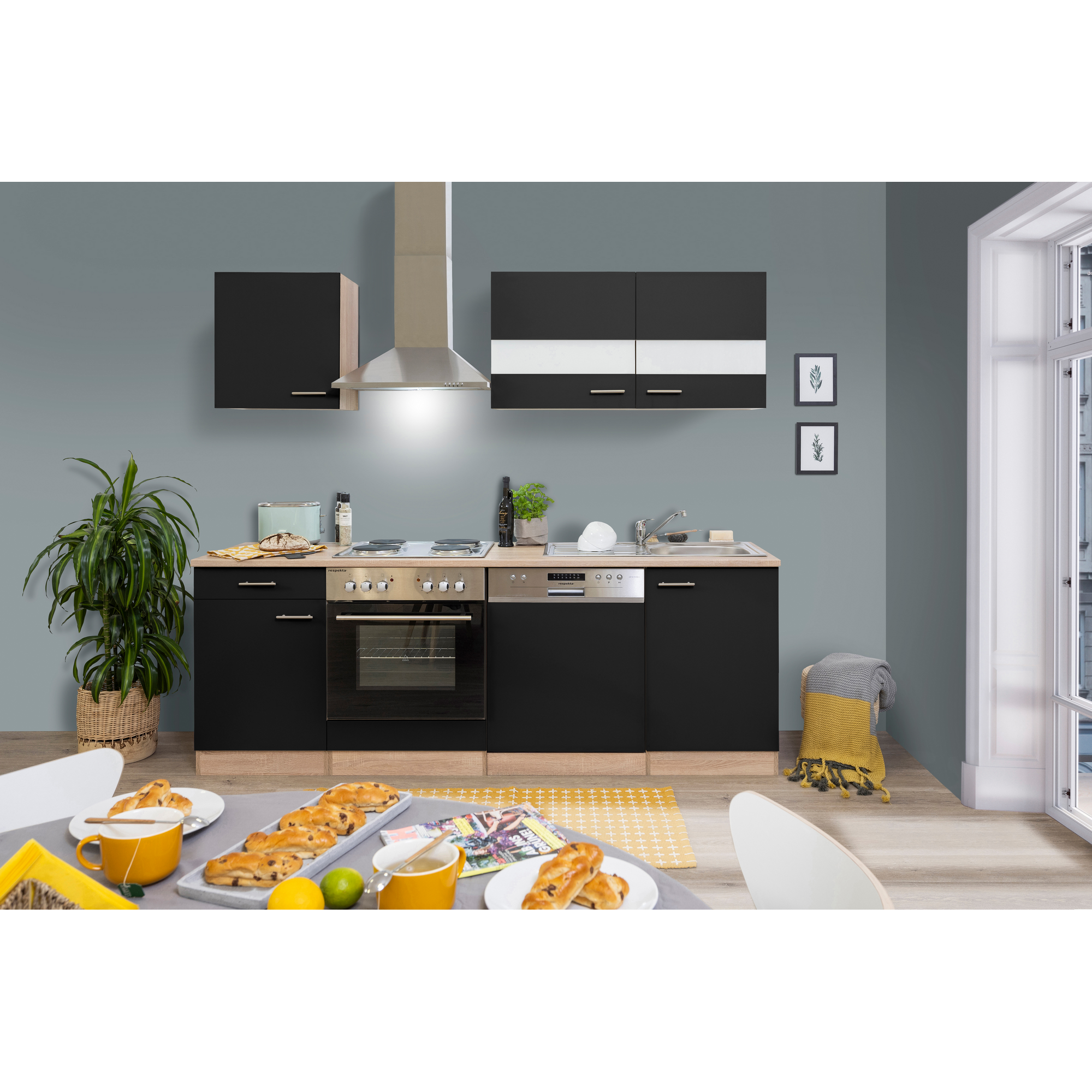 Küchenzeile 'Merle' mit E-Geräten KB220ESS schwarz/eichefarben 220 cm