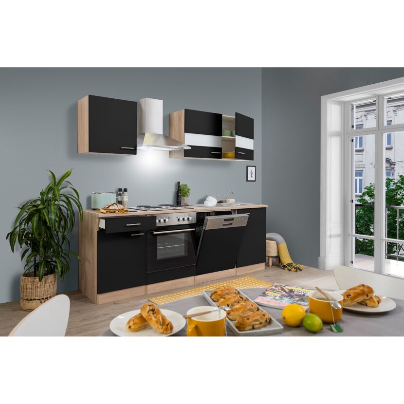 Küchenzeile 'Merle' mit E-Geräten KB220ESS schwarz/eichefarben 220 cm