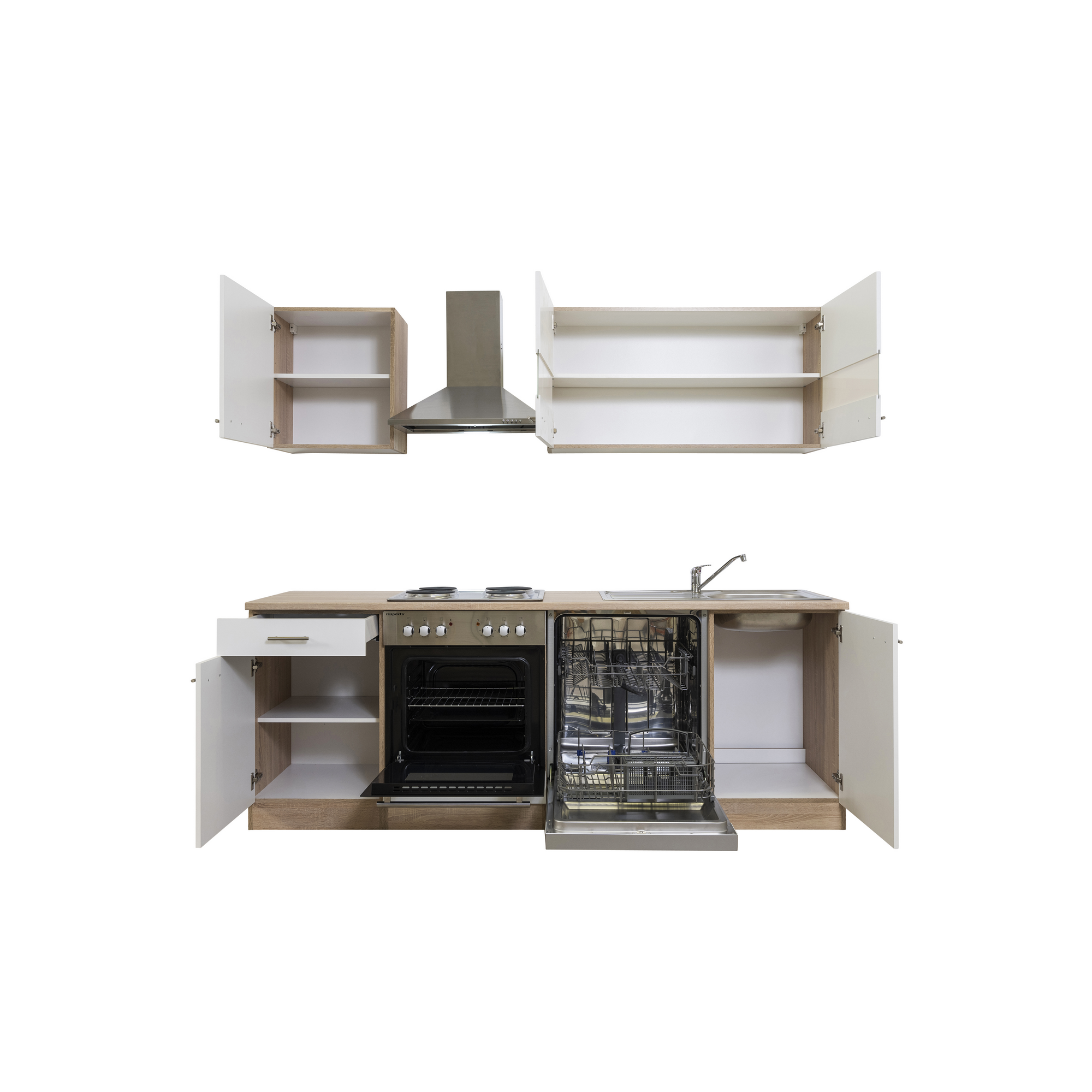 Küchenzeile 'Merle' mit E-Geräten KB220ESW weiß/eichefarben 220 cm