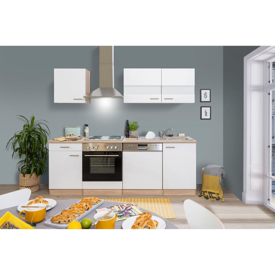 Küchenzeile 'Merle' mit E-Geräten KB220ESW weiß/eichefarben 220 cm
