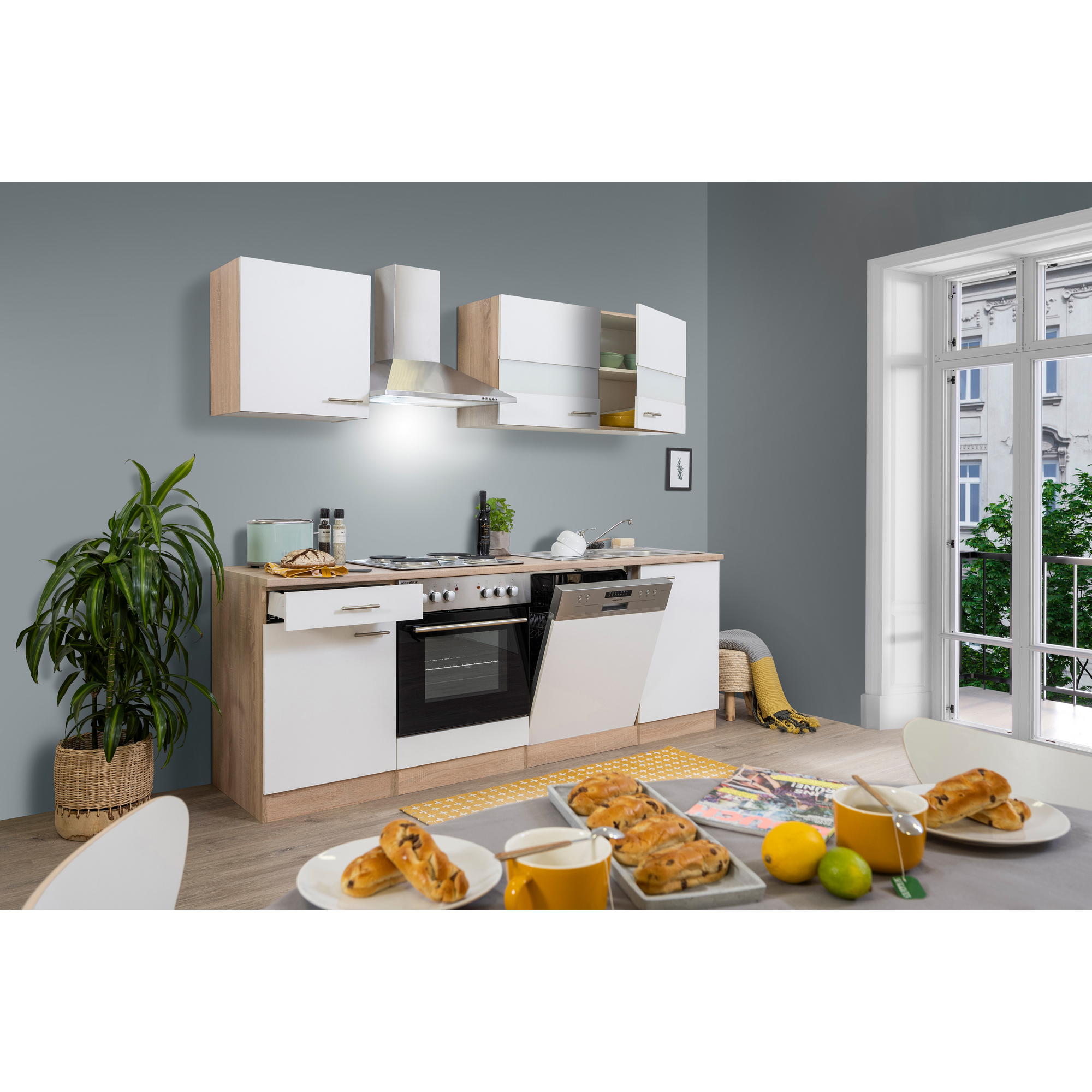 Küchenzeile 'Merle' mit E-Geräten KB220ESW weiß/eichefarben 220 cm