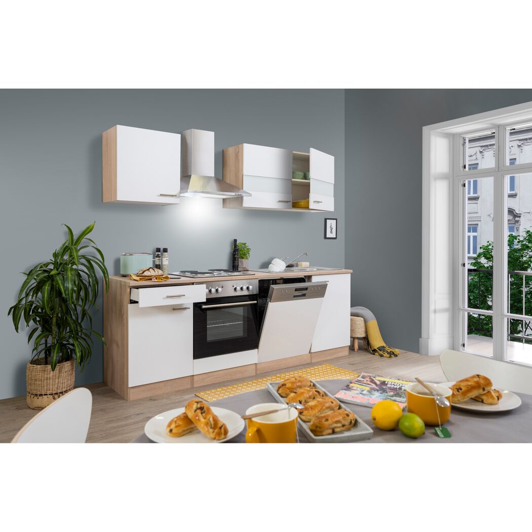 Küchenzeile 'Merle' mit E-Geräten KB220ESW weiß/eichefarben 220 cm