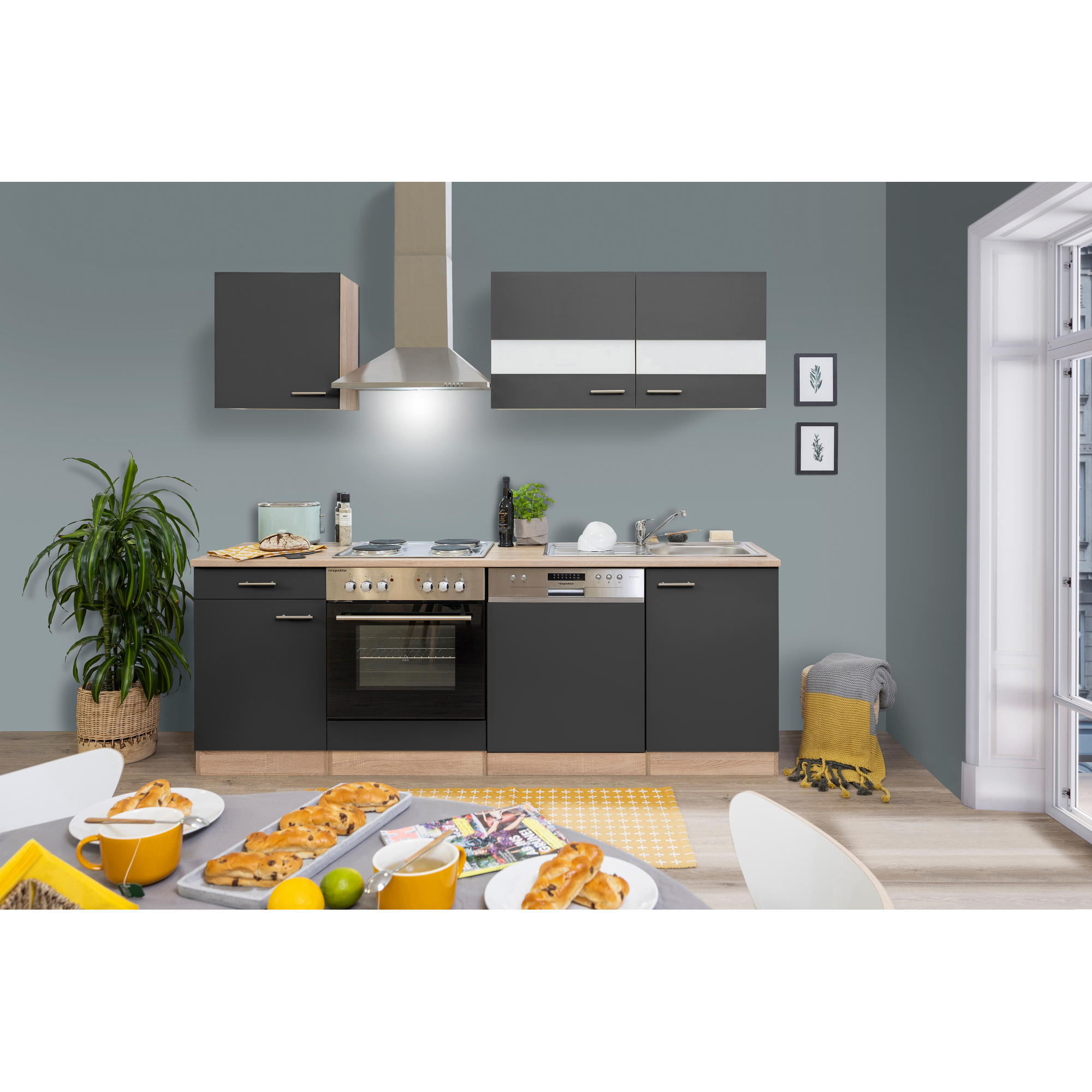 Küchenzeile 'Merle' mit E-Geräten KB220ESG grau/eichefarben 220 cm