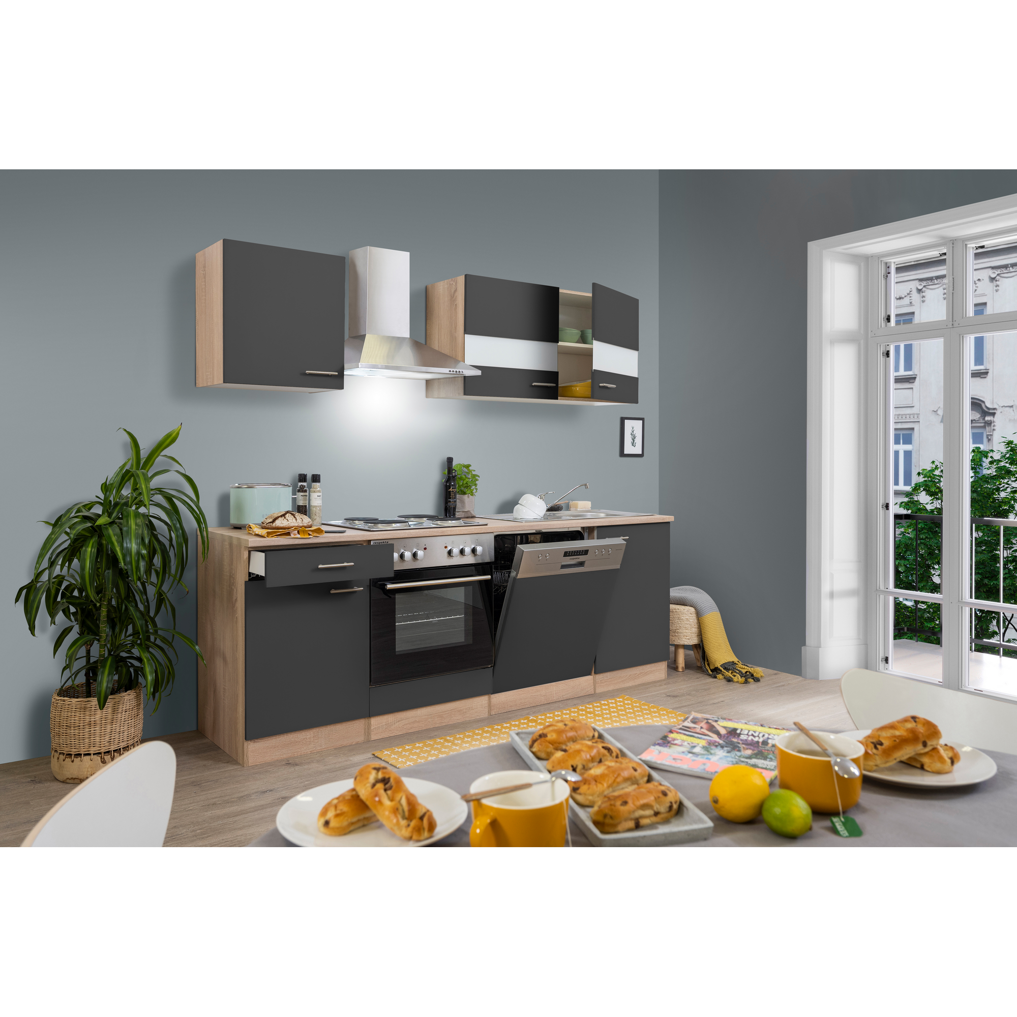 Küchenzeile 'Merle' mit E-Geräten KB220ESG grau/eichefarben 220 cm