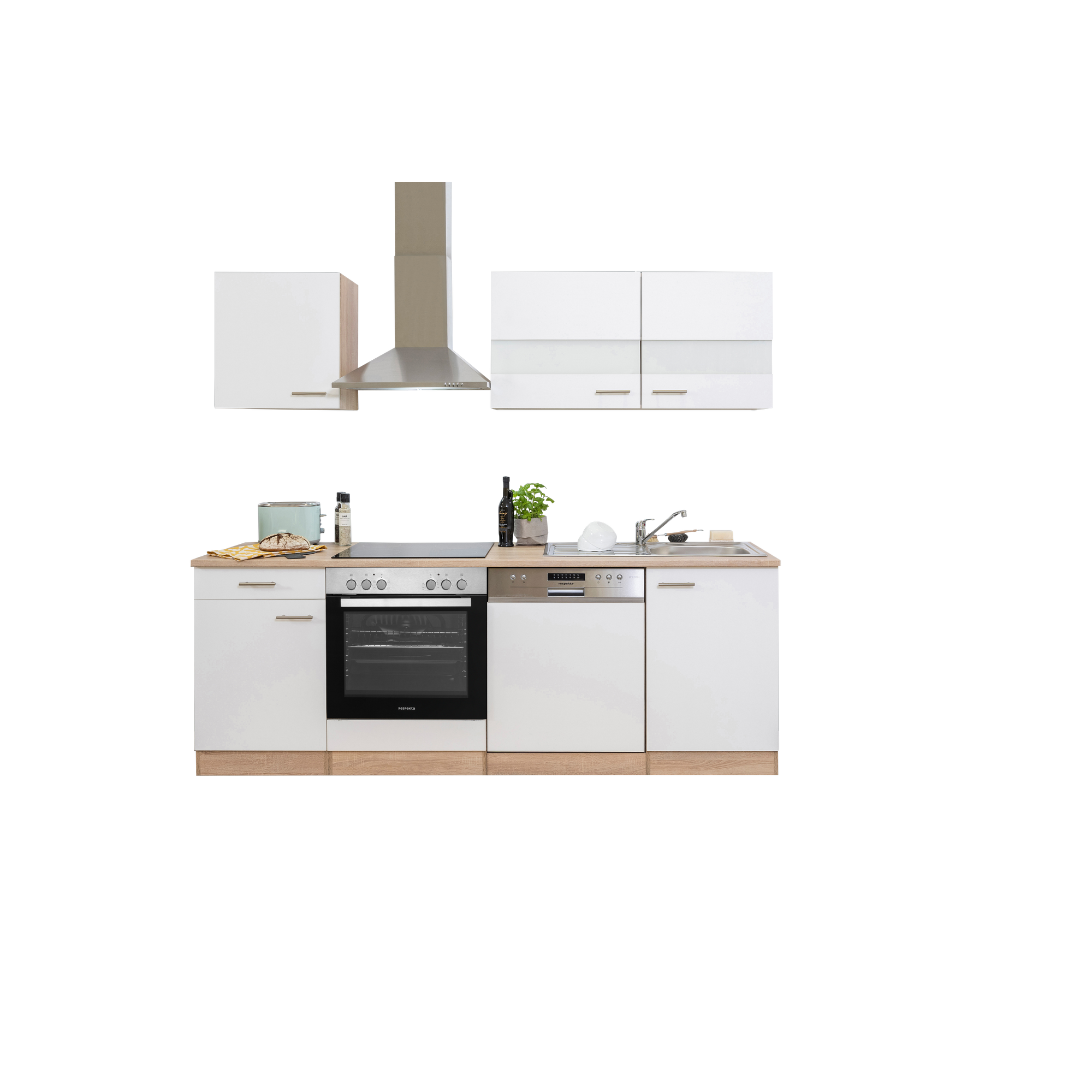 Küchenzeile 'Merle' mit E-Geräten KB220ESWC weiß/eichefarben 220 cm