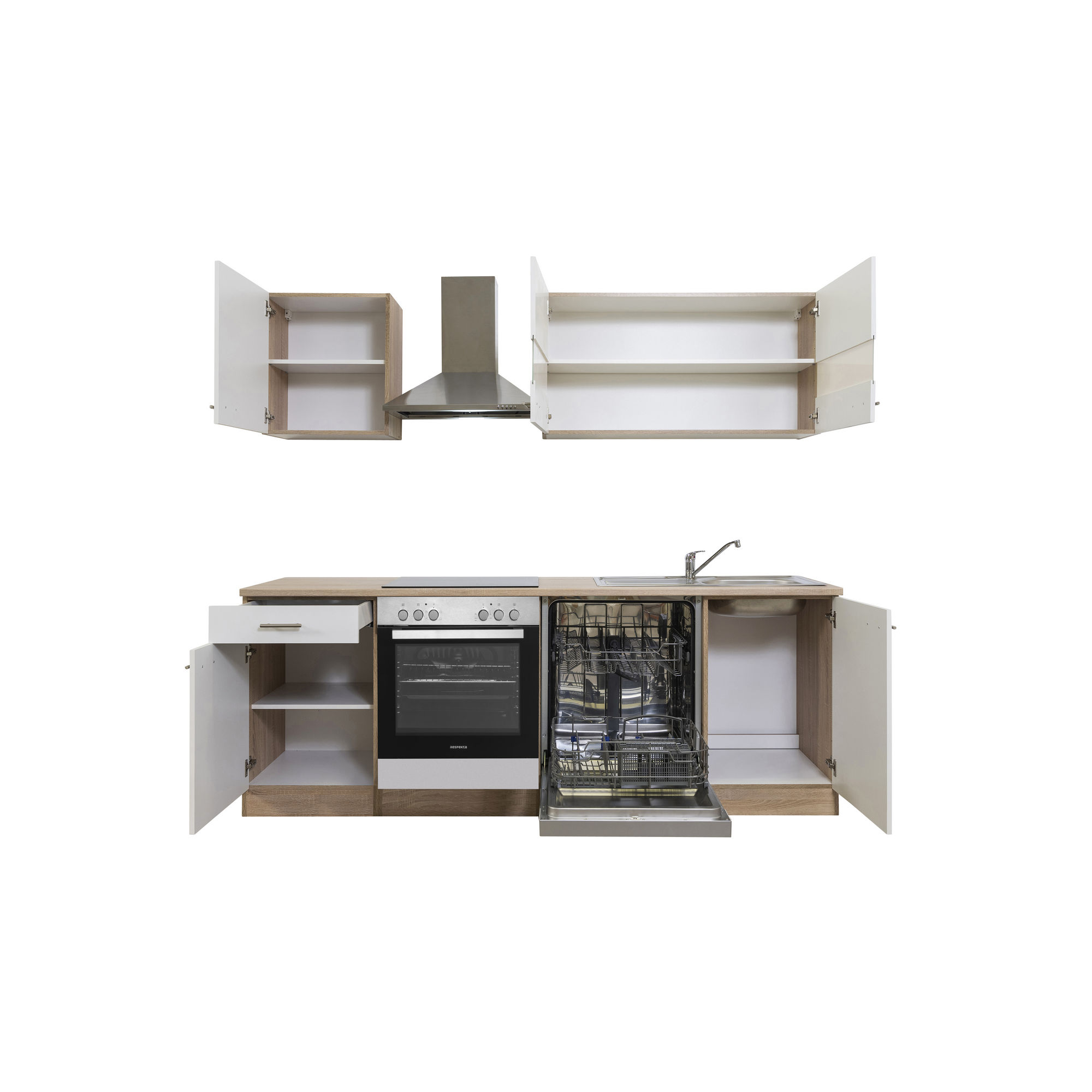 Küchenzeile 'Merle' mit E-Geräten KB220ESWC weiß/eichefarben 220 cm