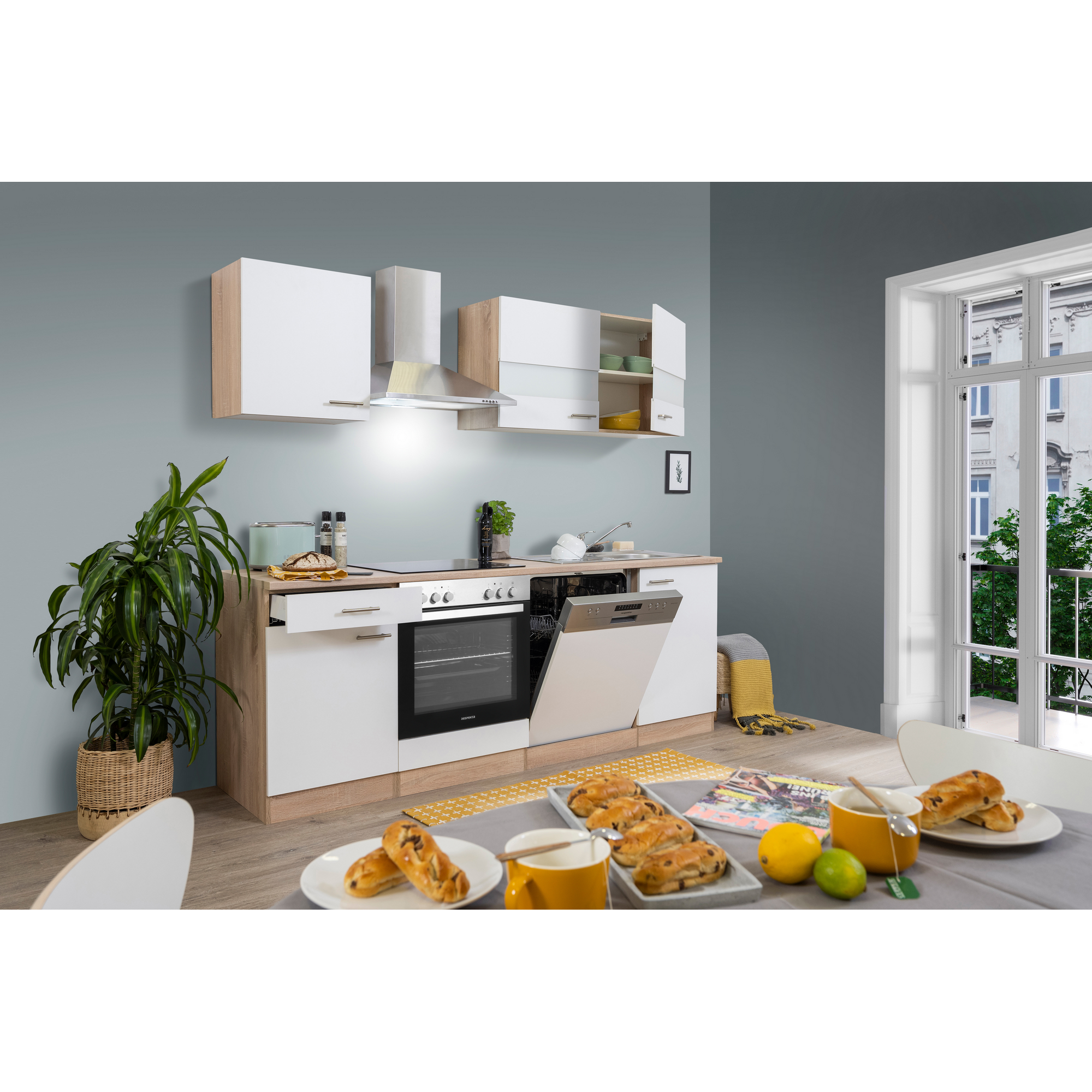 Küchenzeile 'Merle' mit E-Geräten KB220ESWC weiß/eichefarben 220 cm
