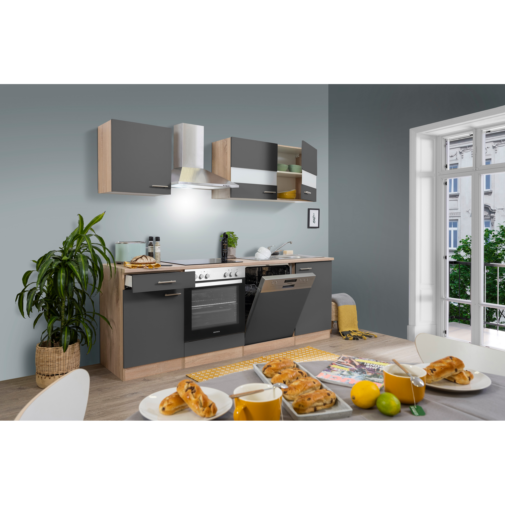 Küchenzeile 'Merle' mit E-Geräten KB220ESGC grau/eichefarben 220 cm