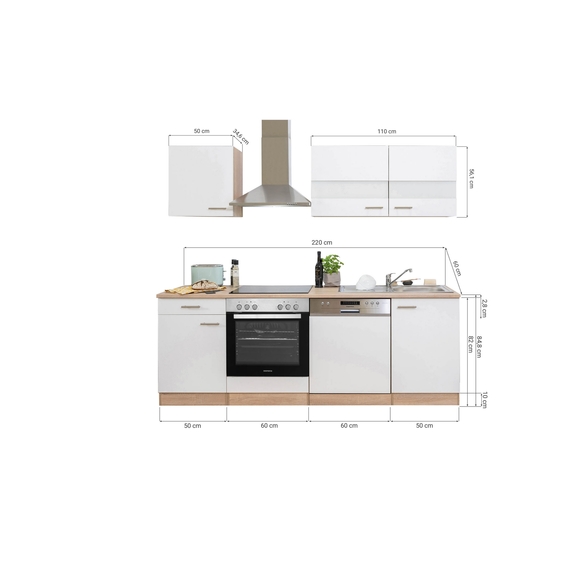 Küchenzeile 'Merle' mit E-Geräten KB220ESGC grau/eichefarben 220 cm