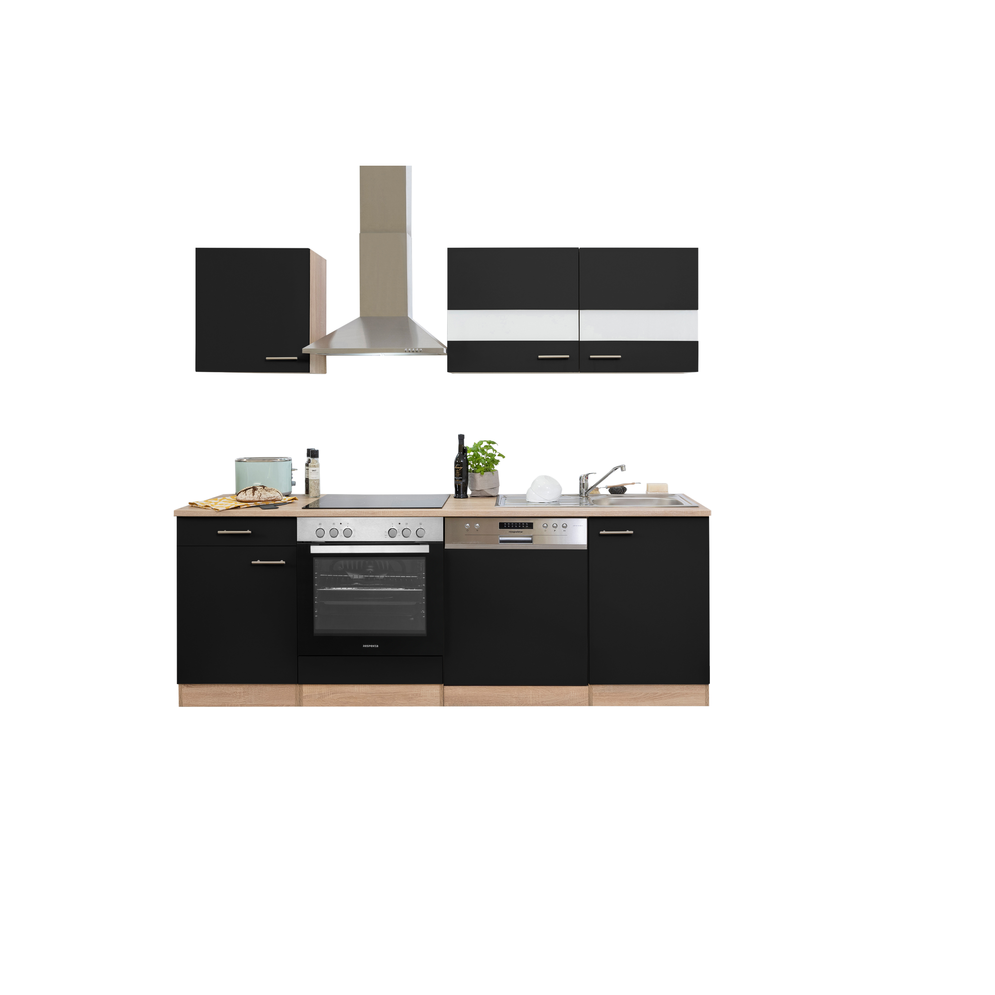 Küchenzeile 'Merle' mit E-Geräten KB220ESSC schwarz/eichefarben 220 cm