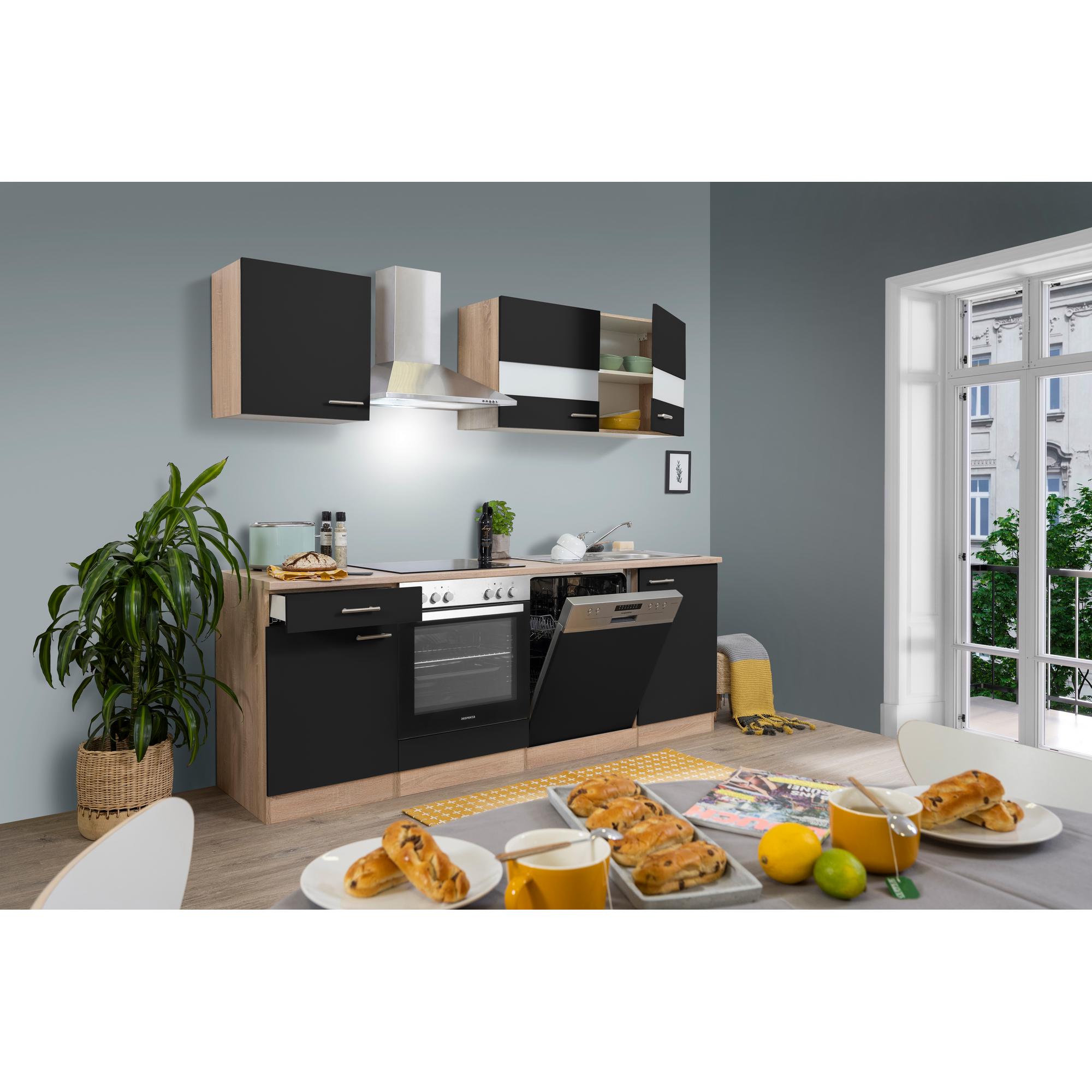 Küchenzeile 'Merle' mit E-Geräten KB220ESSC schwarz/eichefarben 220 cm