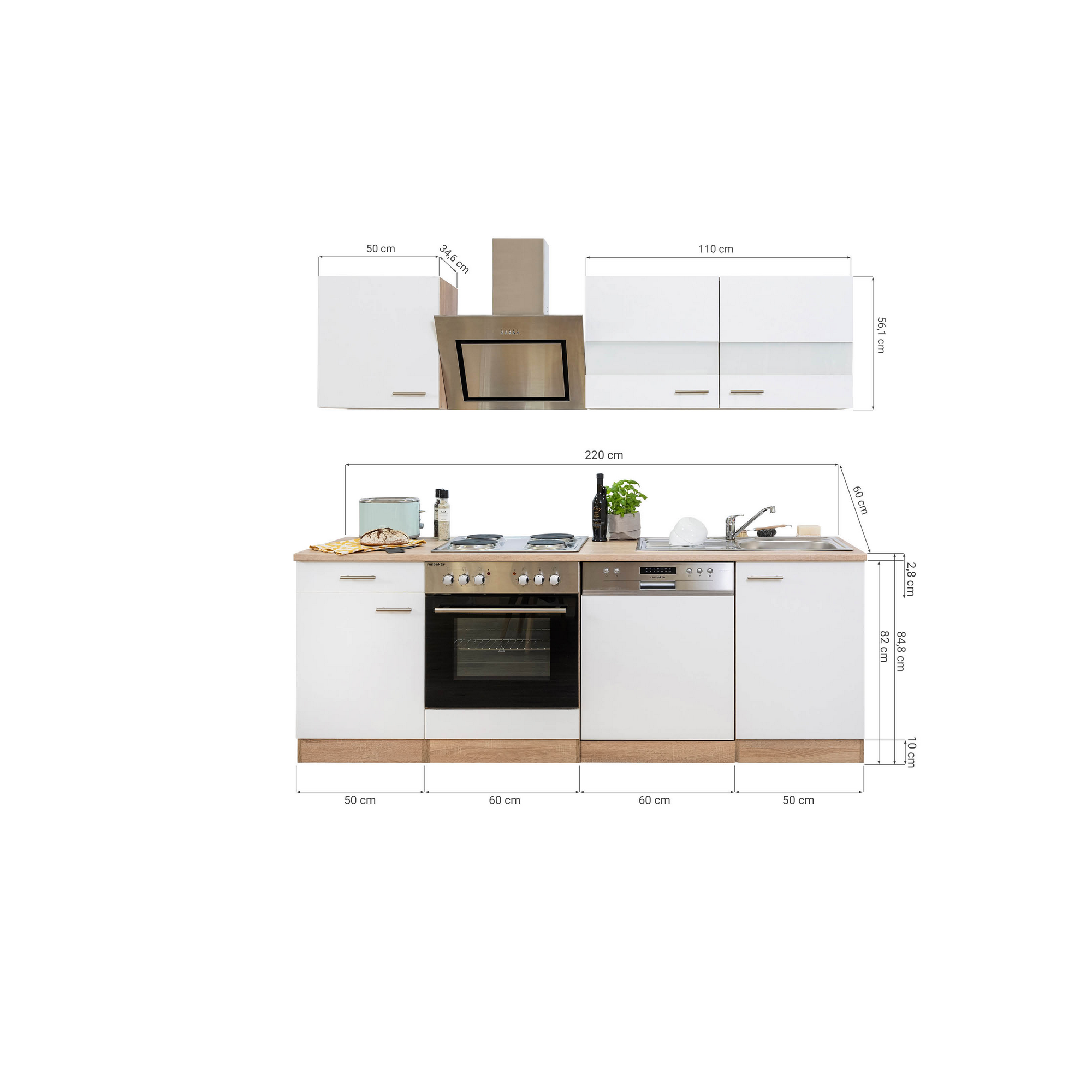 Küchenzeile 'Merle' mit E-Geräten KB220ESWS weiß/eichefarben 220 cm