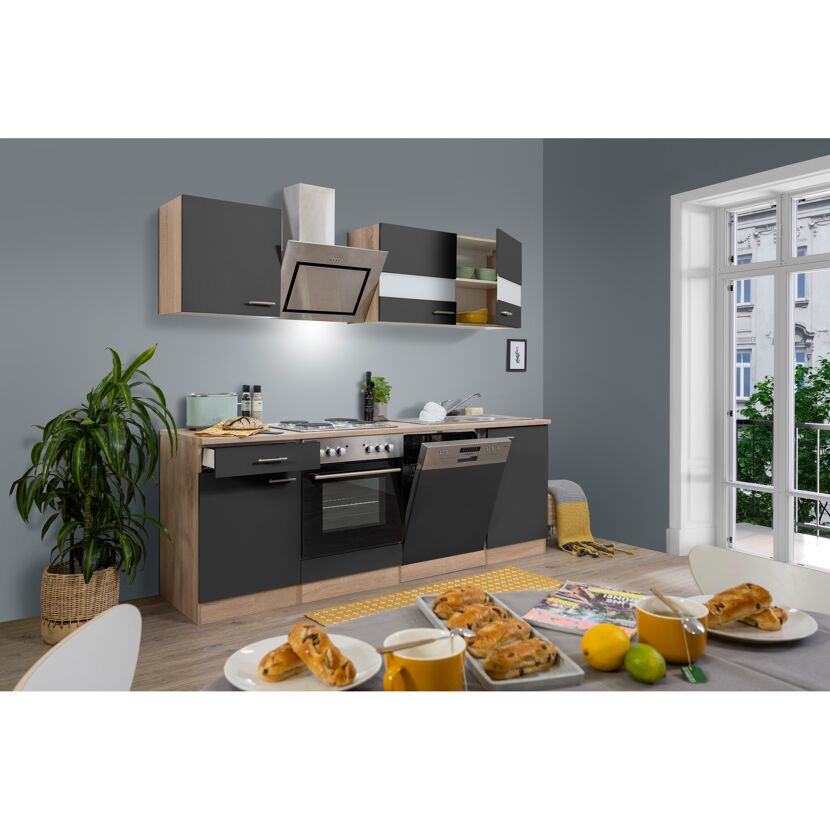 Küchenzeile 'Merle' mit E-Geräten KB220ESGS grau/eichefarben 220 cm