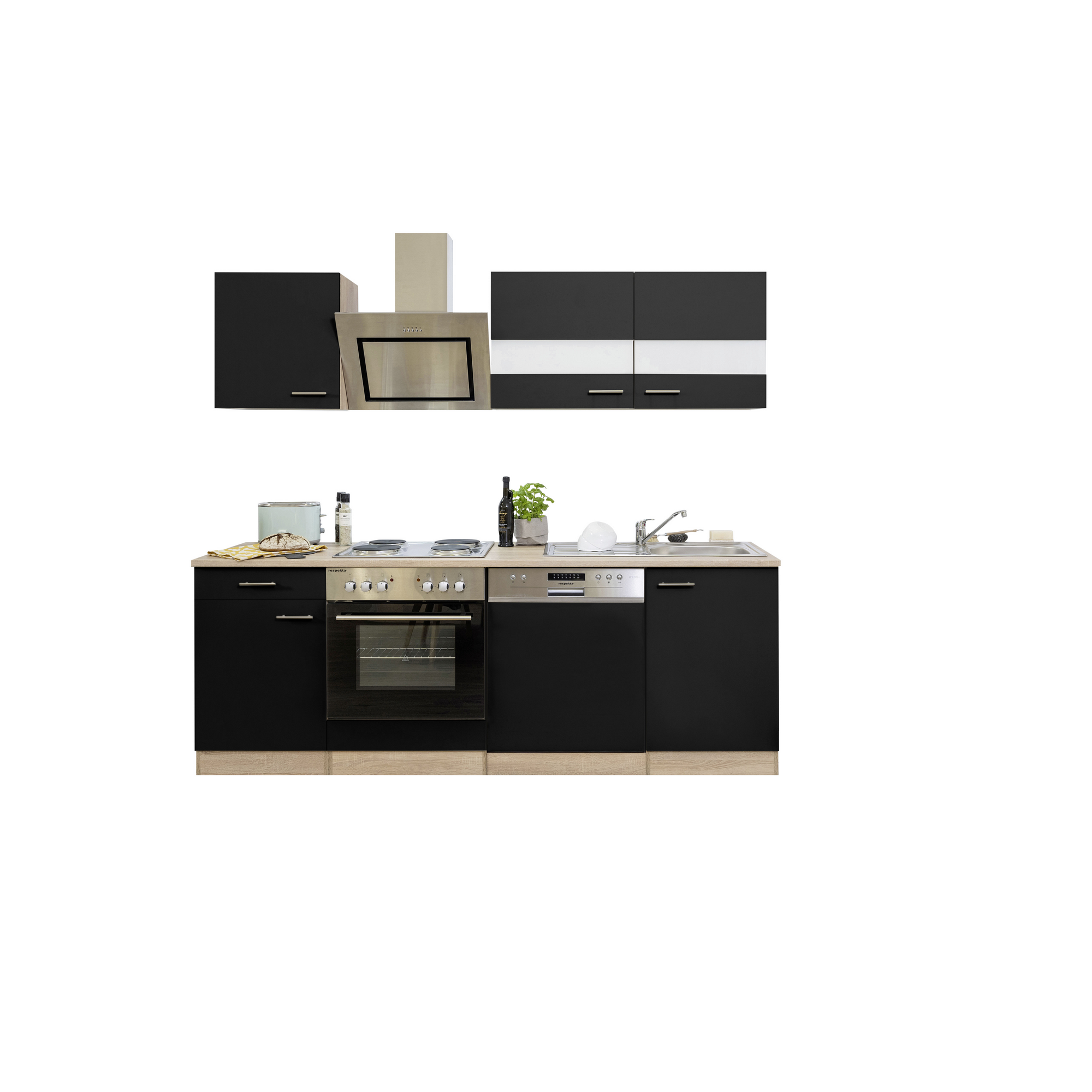 Küchenzeile 'Merle' mit E-Geräten KB220ESSS schwarz/eichefarben 220 cm