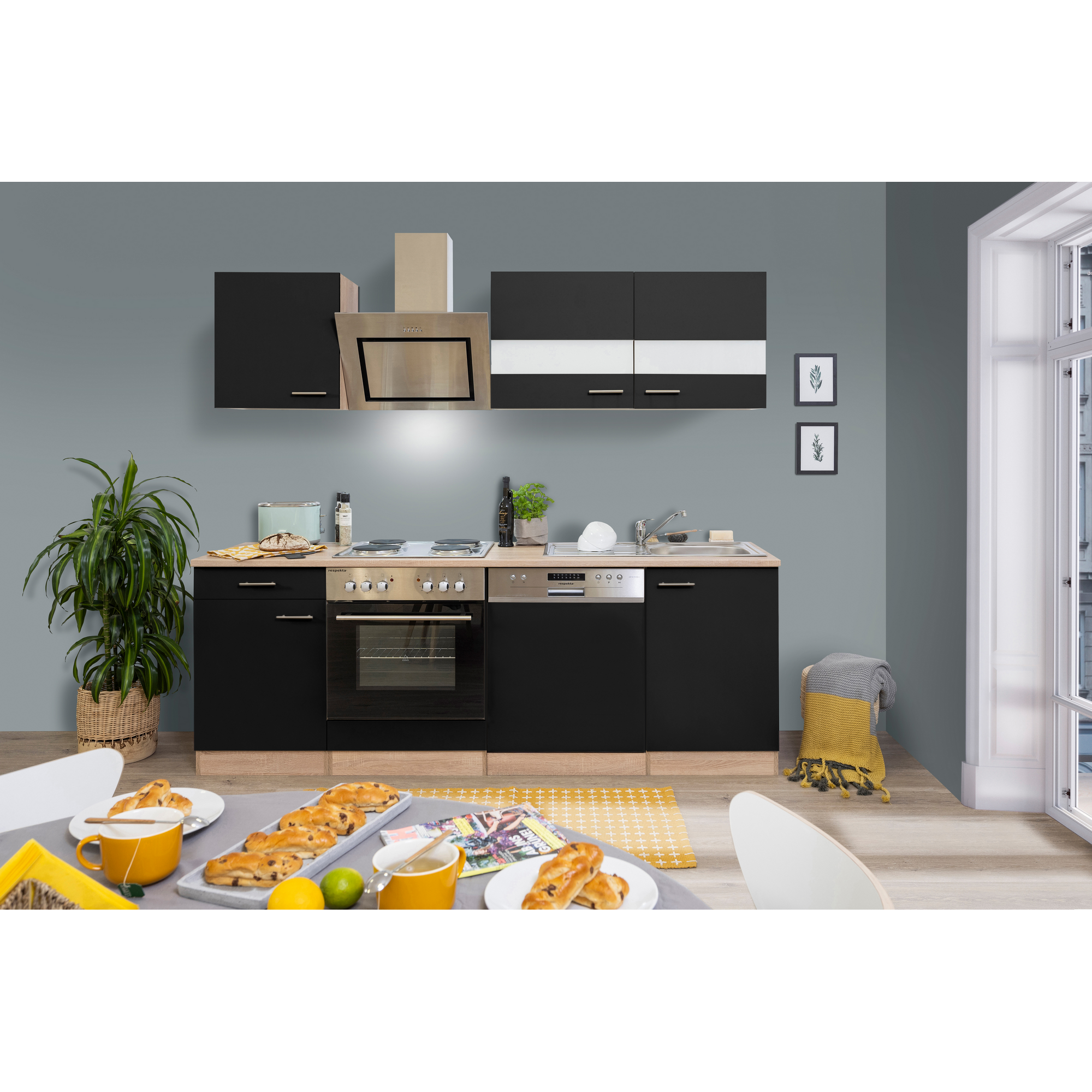 Küchenzeile 'Merle' mit E-Geräten KB220ESSS schwarz/eichefarben 220 cm