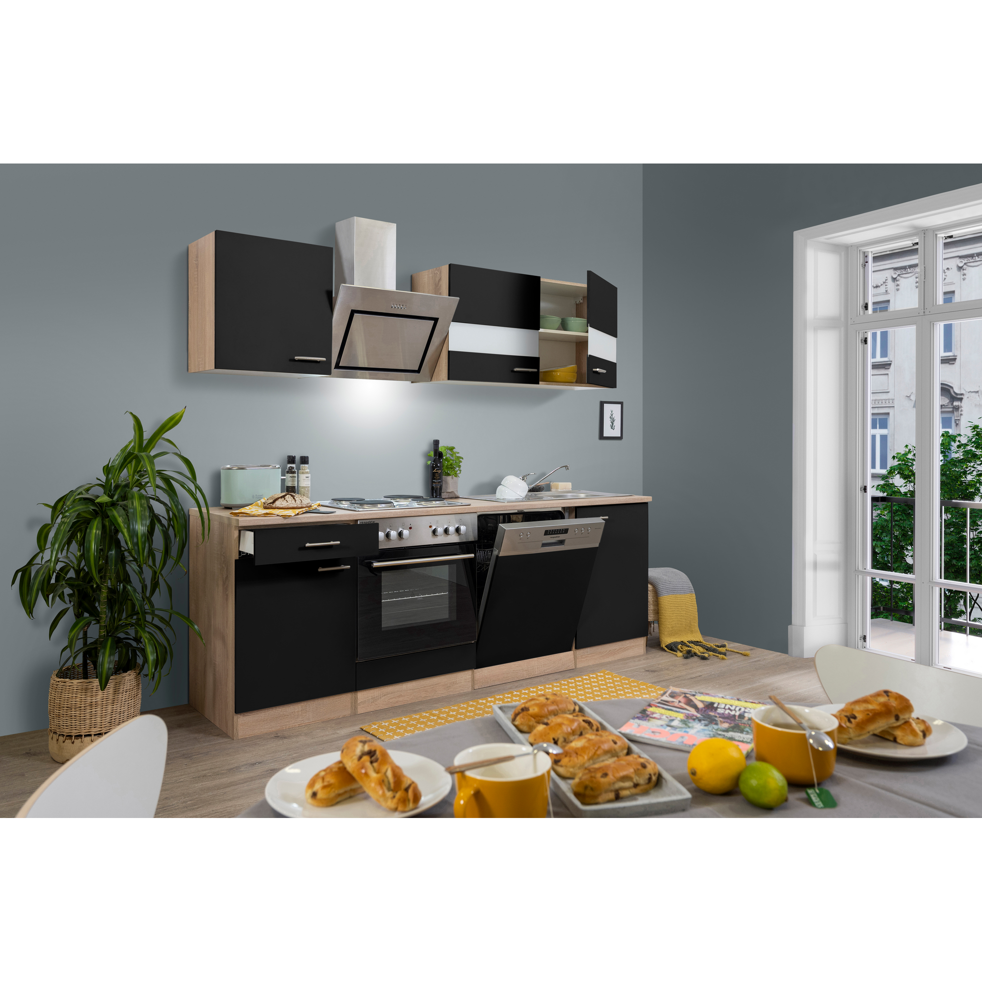 Küchenzeile 'Merle' mit E-Geräten KB220ESSS schwarz/eichefarben 220 cm