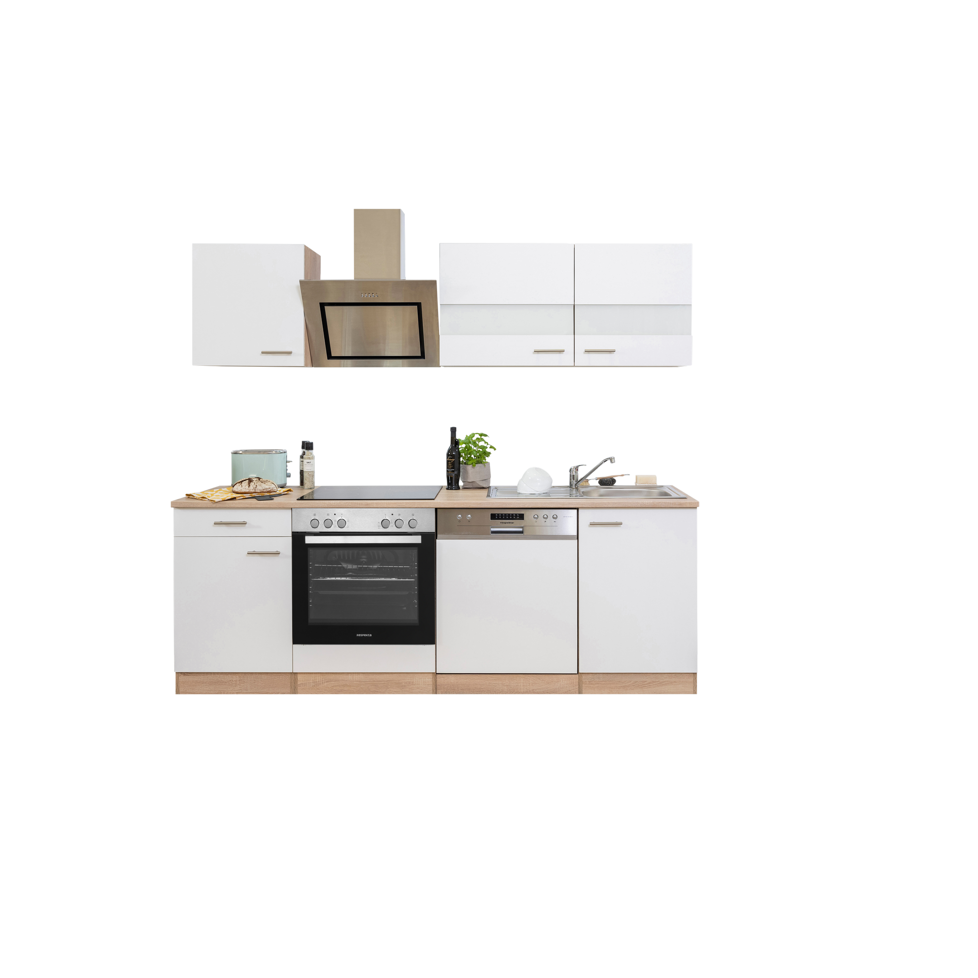 Küchenzeile 'Merle' mit E-Geräten KB220ESWSC weiß/eichefarben 220 cm