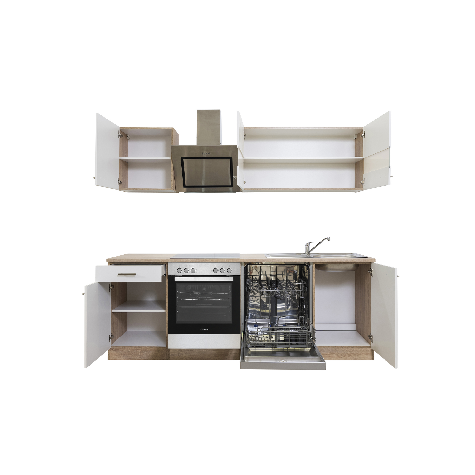 Küchenzeile 'Merle' mit E-Geräten KB220ESWSC weiß/eichefarben 220 cm