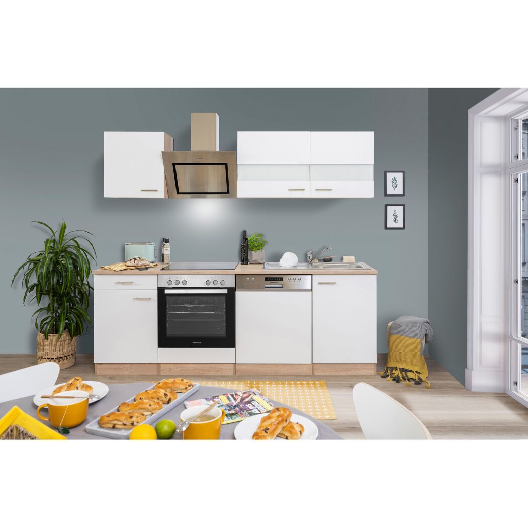 Küchenzeile 'Merle' mit E-Geräten KB220ESWSC weiß/eichefarben 220 cm