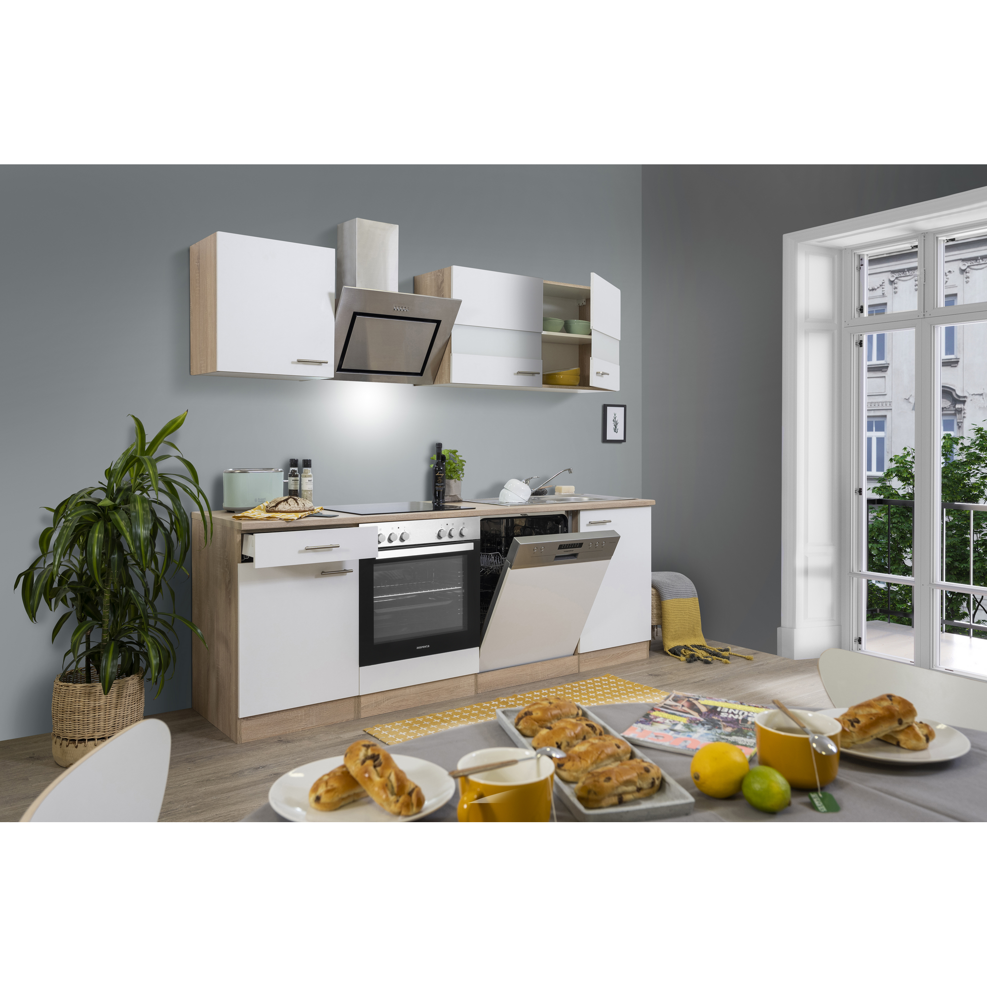 Küchenzeile 'Merle' mit E-Geräten KB220ESWSC weiß/eichefarben 220 cm