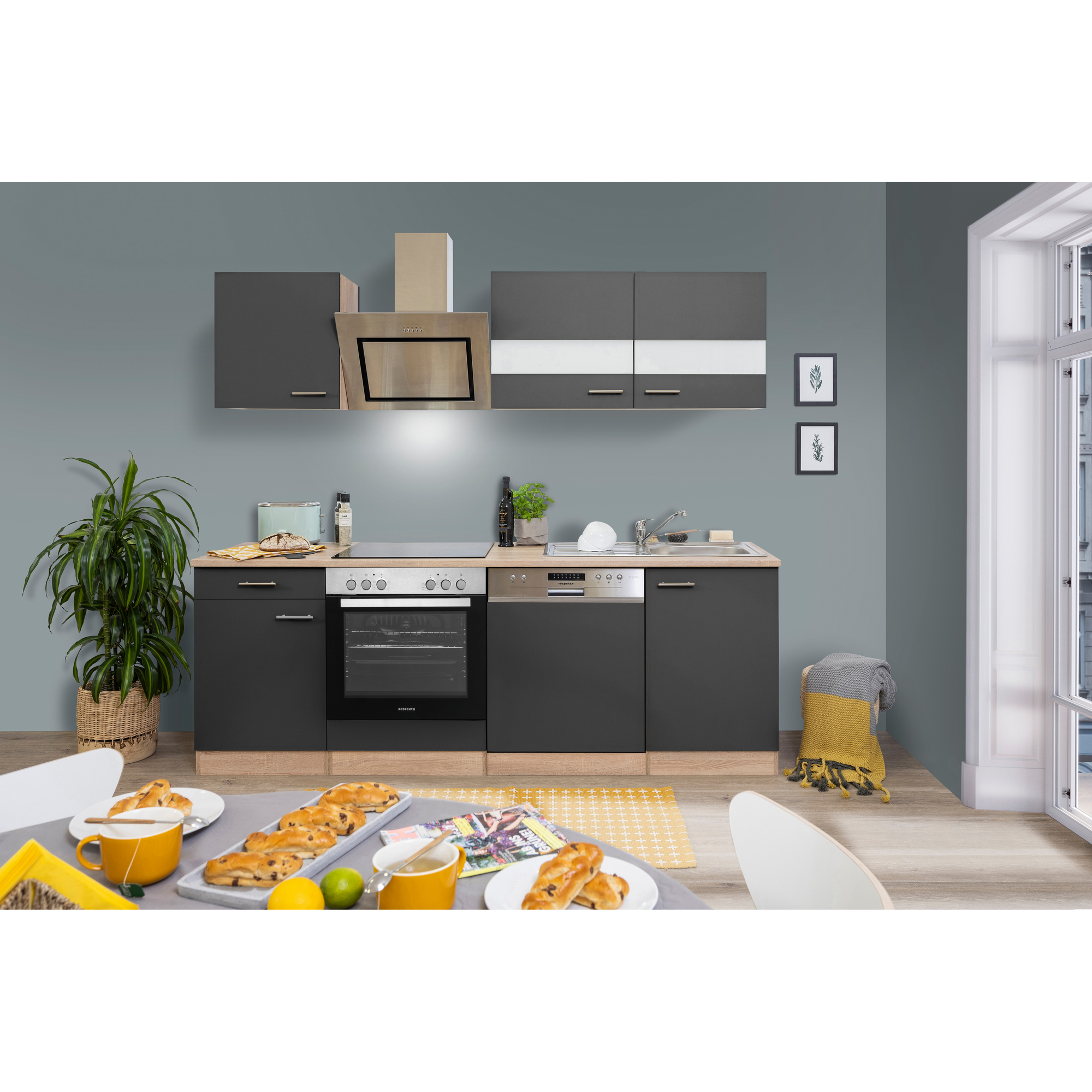 Küchenzeile 'Merle' mit E-Geräten KB220ESGSC grau/eichefarben 220 cm