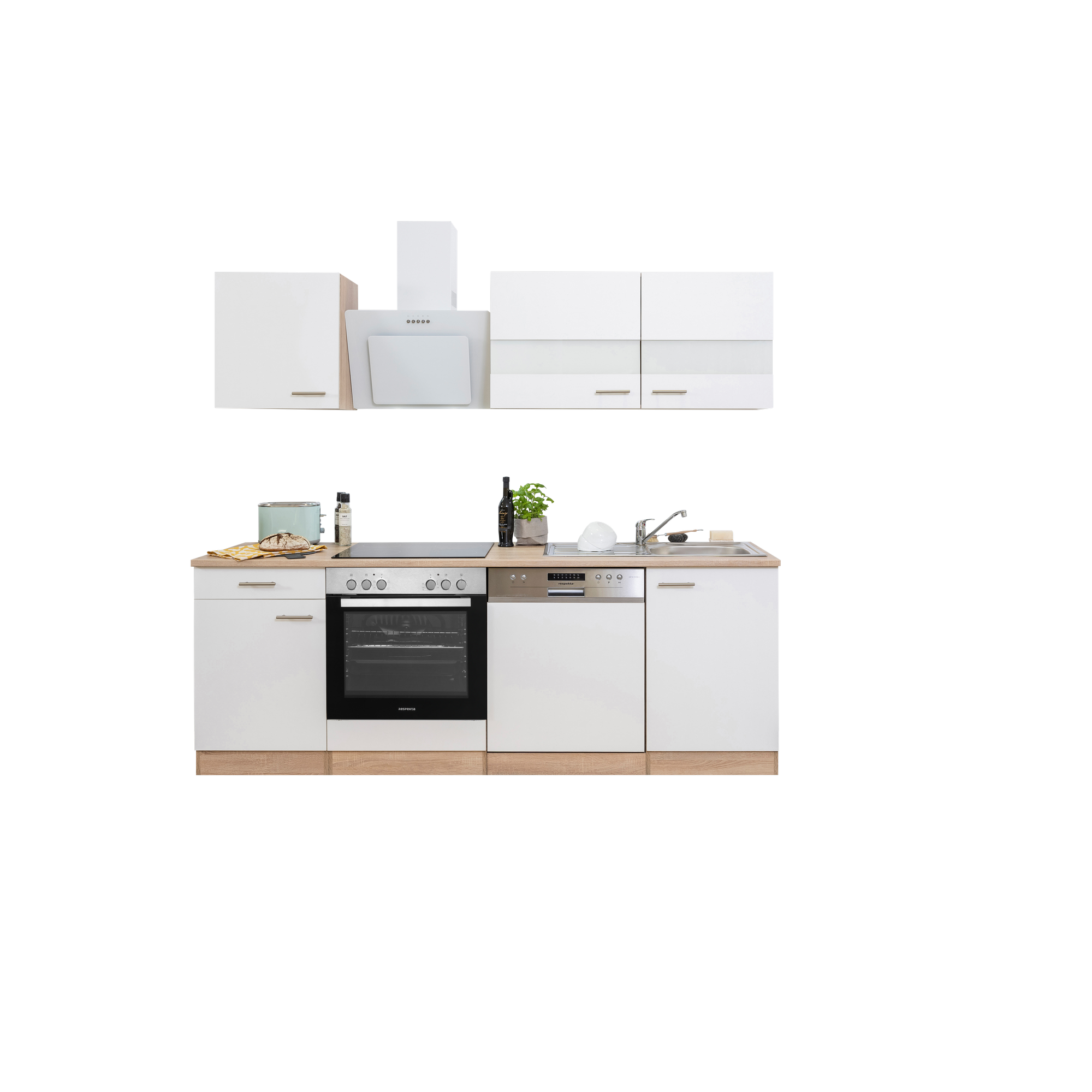 Küchenzeile 'Merle' mit E-Geräten KB220ESWSWC weiß/eichefarben 220 cm