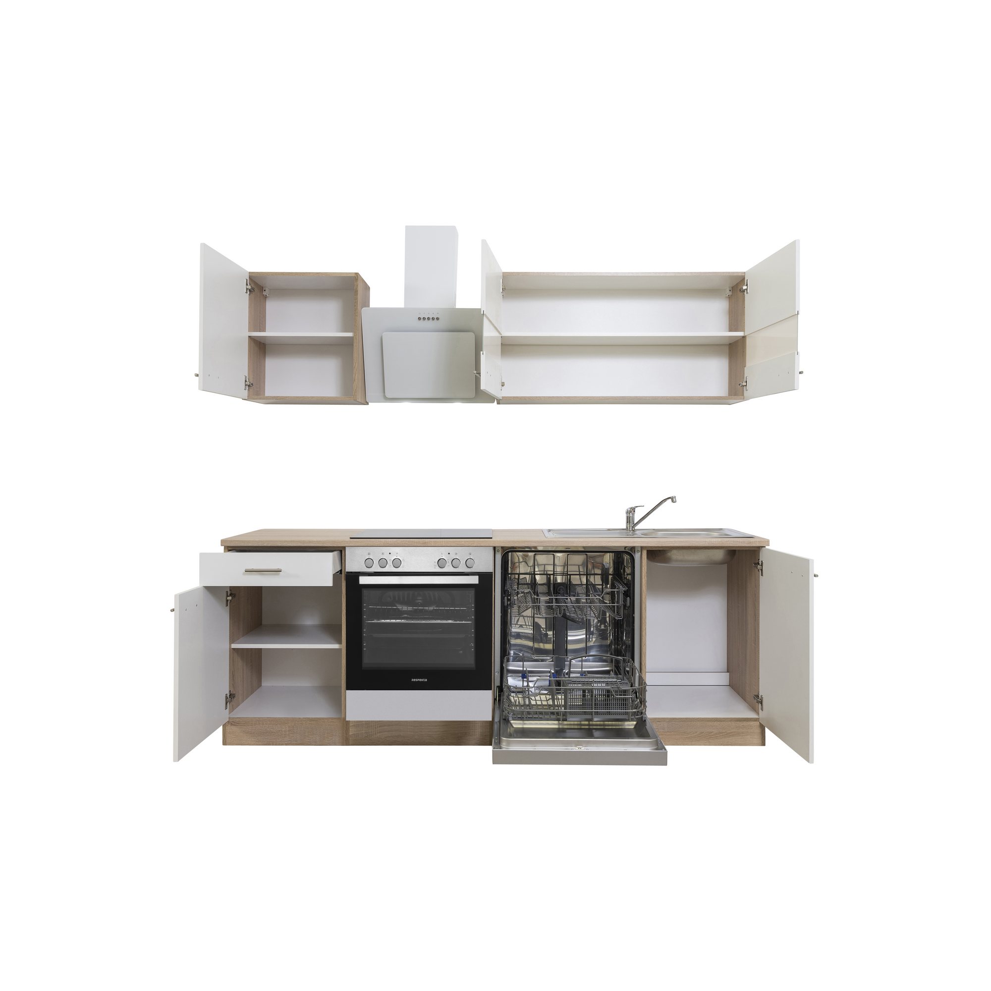 Küchenzeile 'Merle' mit E-Geräten KB220ESWSWC weiß/eichefarben 220 cm