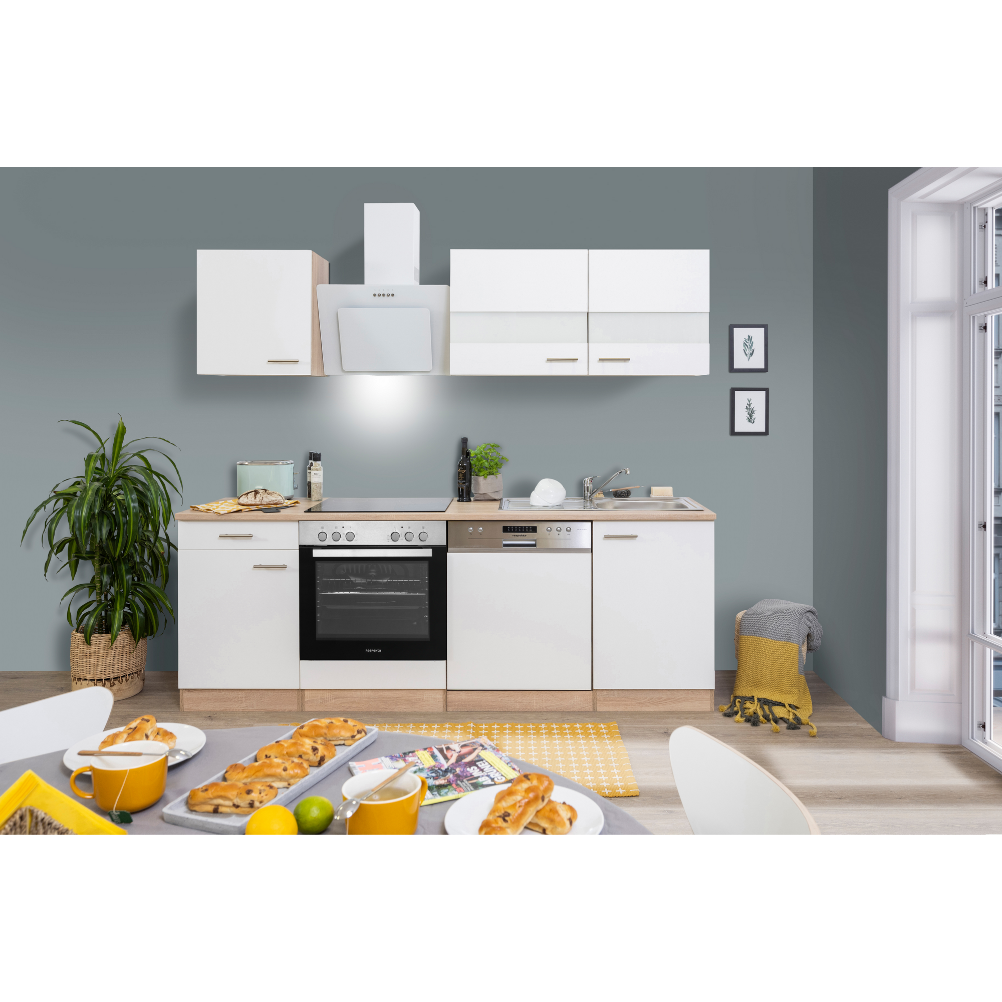 Küchenzeile 'Merle' mit E-Geräten KB220ESWSWC weiß/eichefarben 220 cm