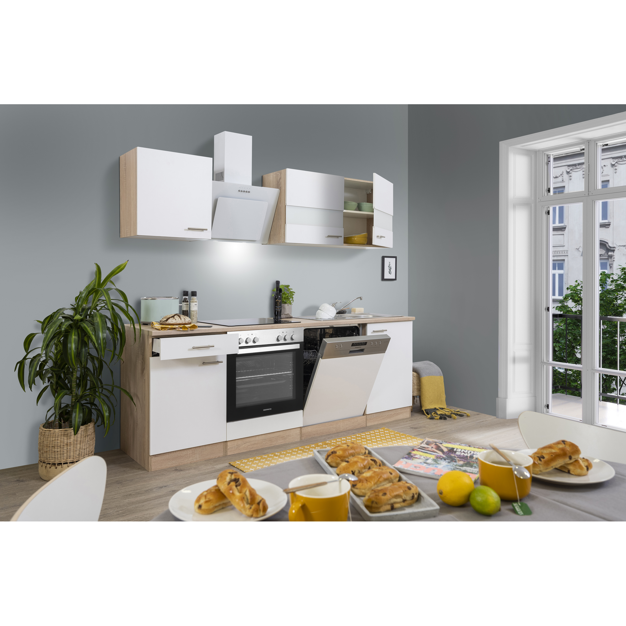 Küchenzeile 'Merle' mit E-Geräten KB220ESWSWC weiß/eichefarben 220 cm