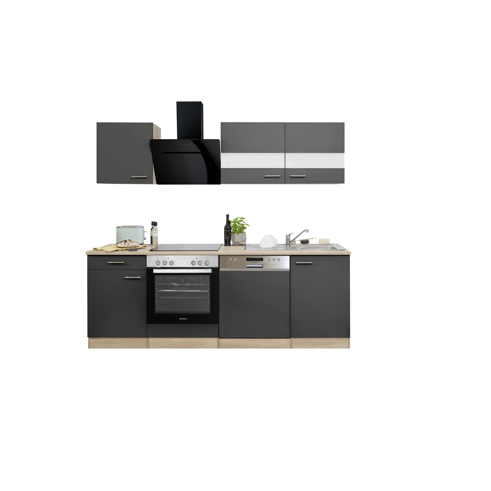 Küchenzeile 'Merle' mit E-Geräten KB220ESGSSC grau/eichefarben 220 cm