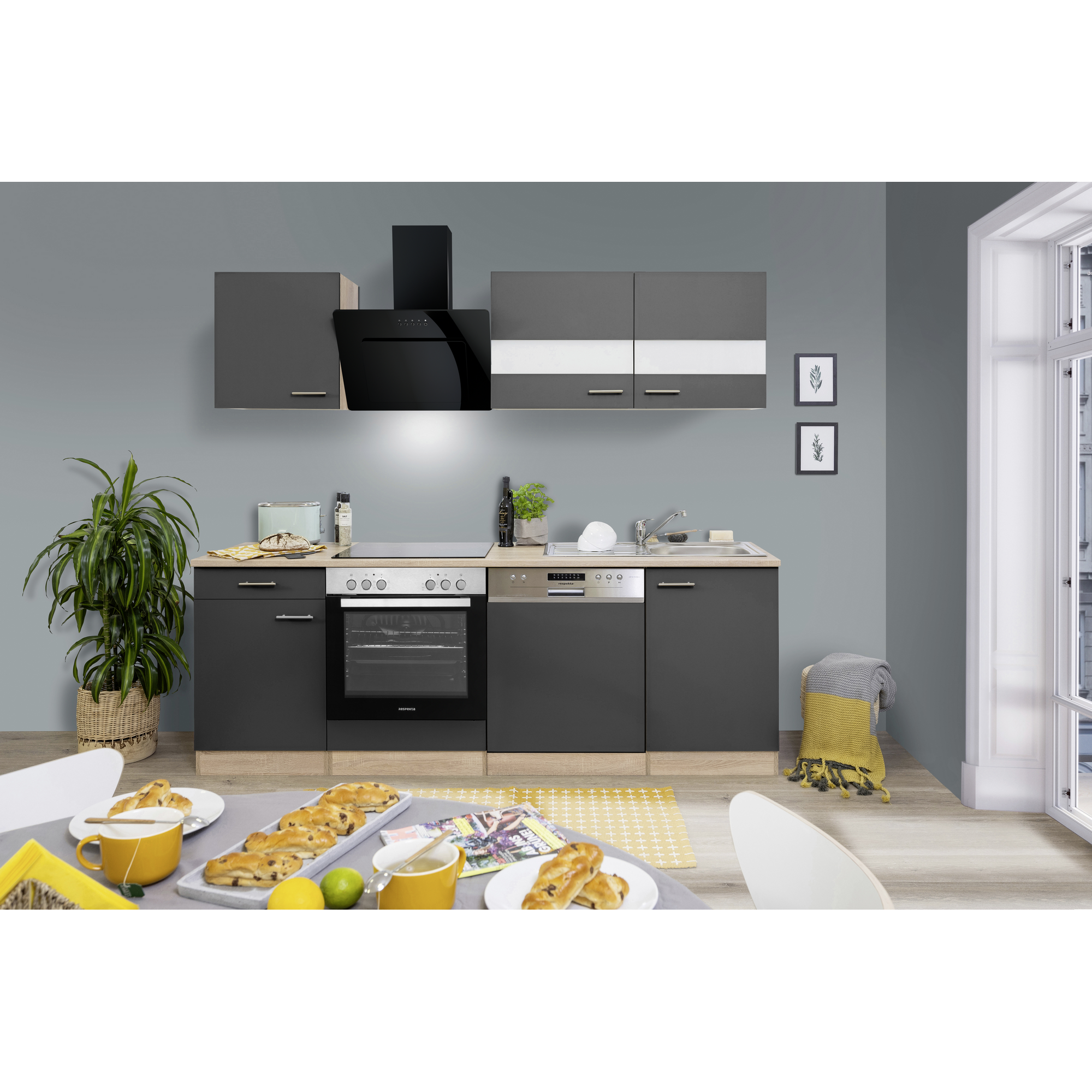 Küchenzeile 'Merle' mit E-Geräten KB220ESGSSC grau/eichefarben 220 cm