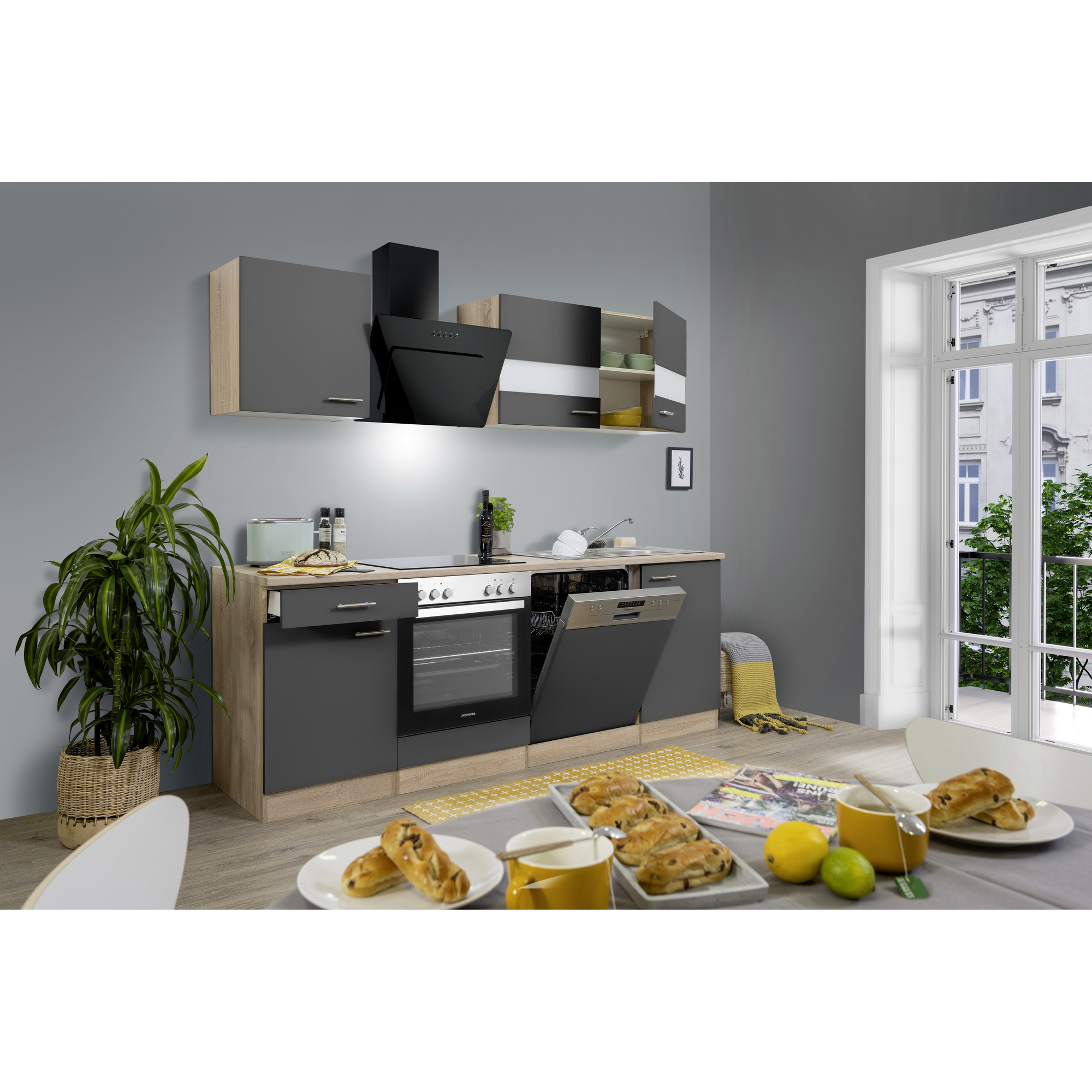 Küchenzeile 'Merle' mit E-Geräten KB220ESGSSC grau/eichefarben 220 cm