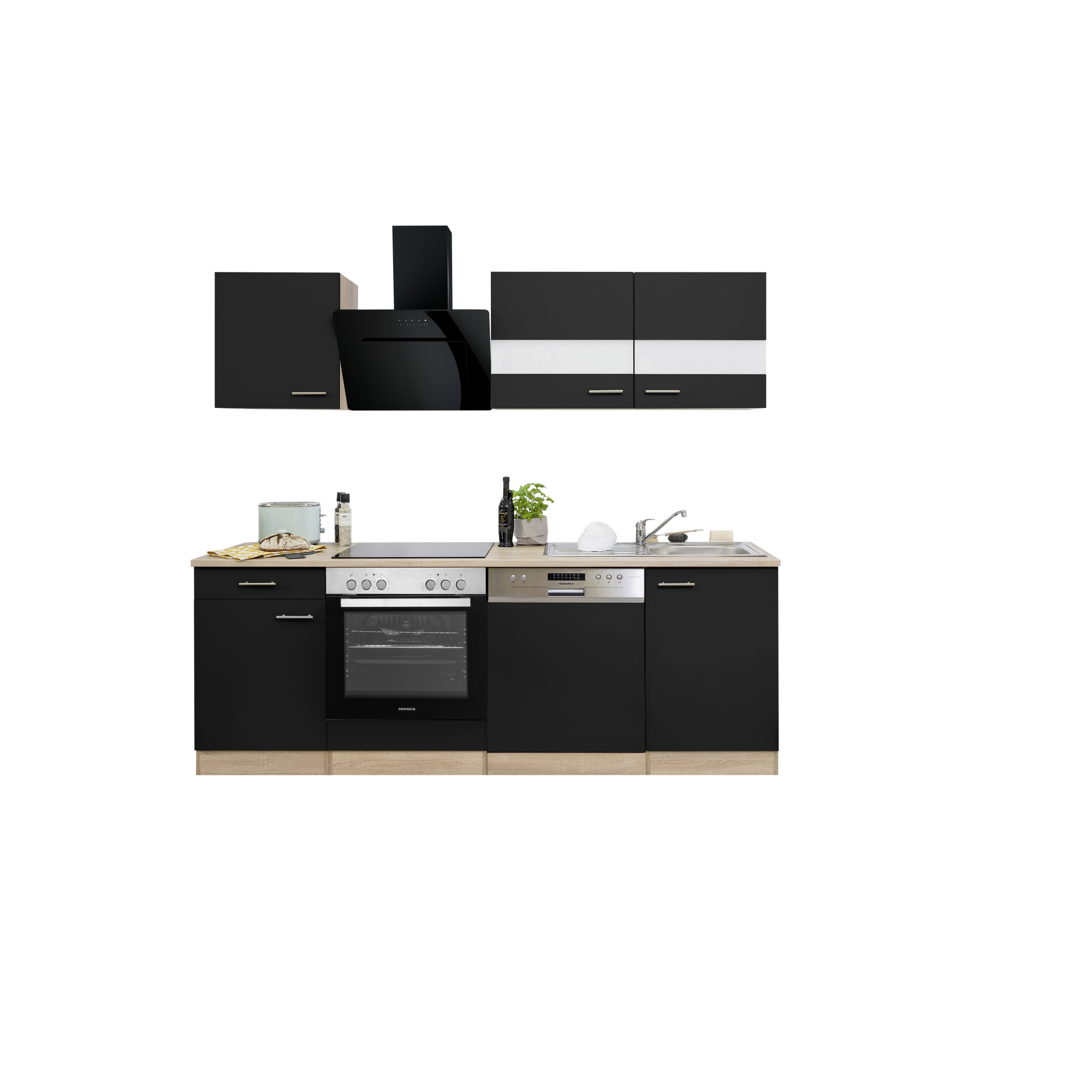 Küchenzeile 'Merle' mit E-Geräten KB220ESSSSC schwarz/eichefarben 220 cm