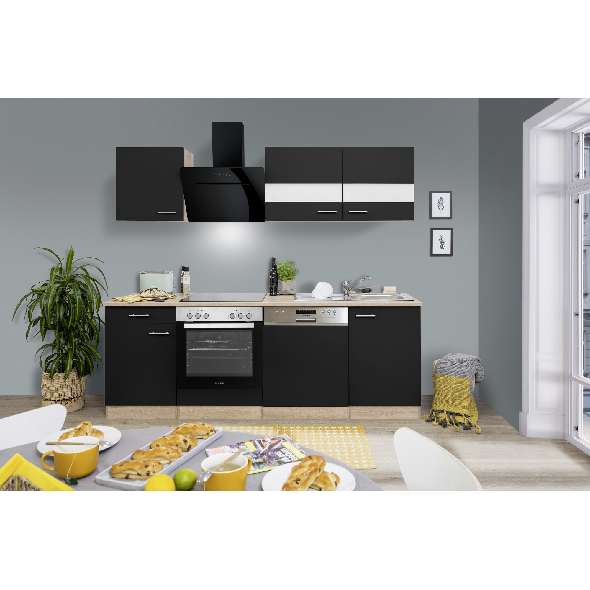 Küchenzeile 'Merle' mit E-Geräten KB220ESSSSC schwarz/eichefarben 220 cm