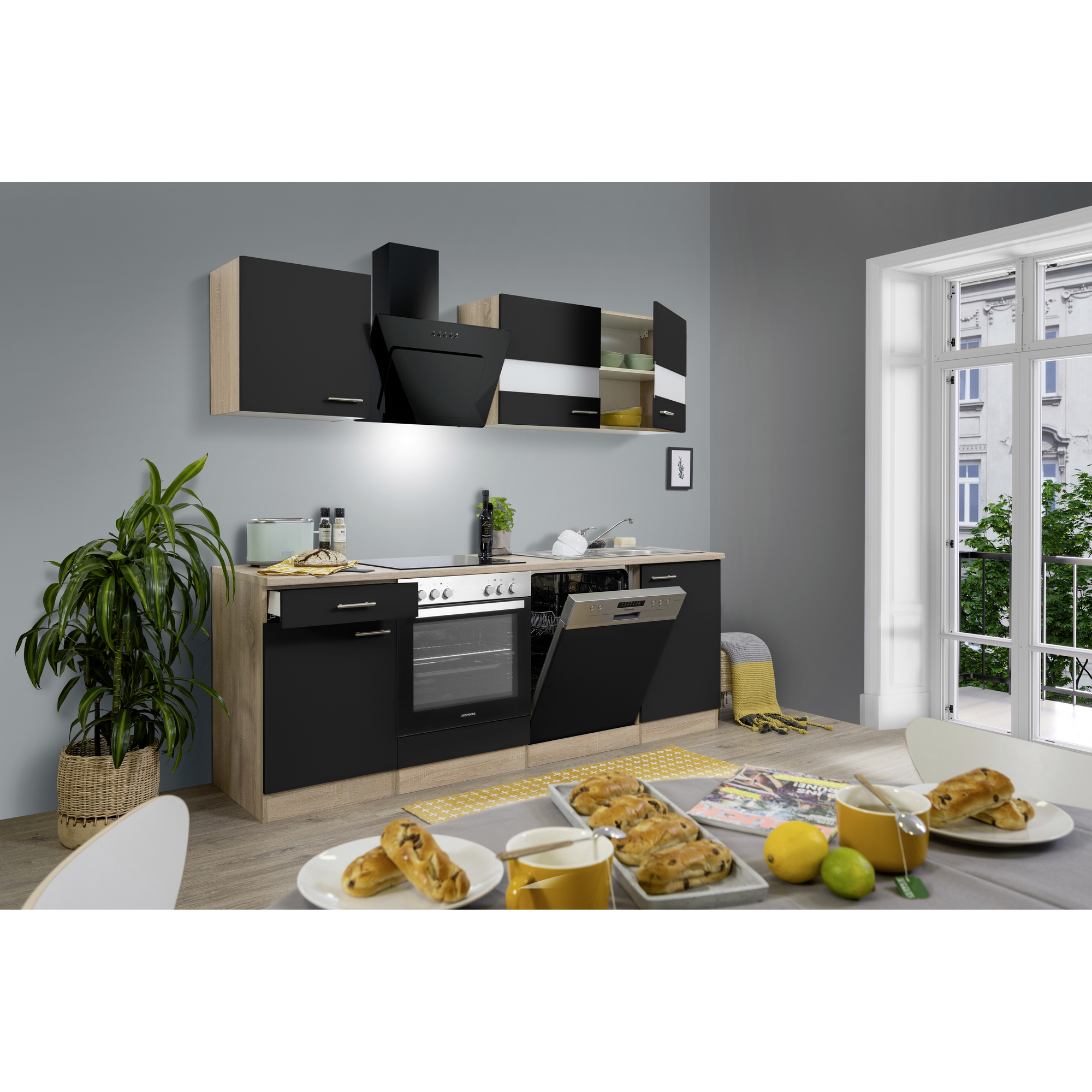 Küchenzeile 'Merle' mit E-Geräten KB220ESSSSC schwarz/eichefarben 220 cm