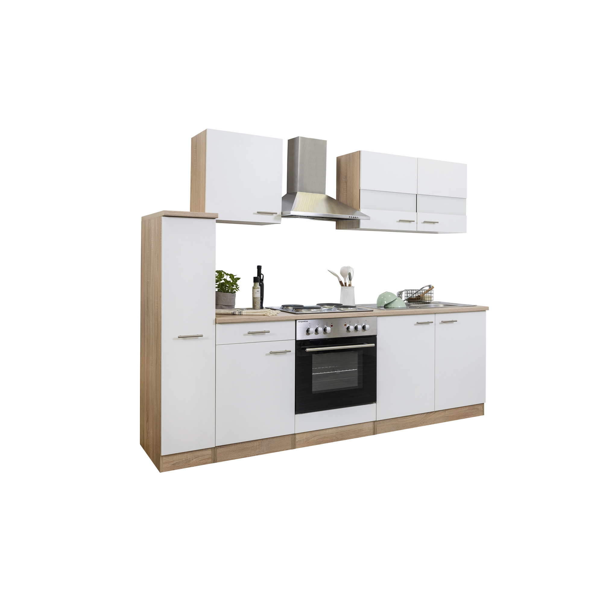 Küchenzeile 'Merle' mit E-Geräten KB240ESW weiß/eichefarben 240 cm