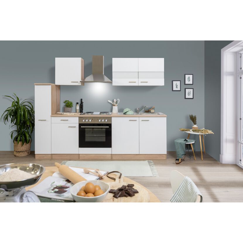Küchenzeile 'Merle' mit E-Geräten KB240ESW weiß/eichefarben 240 cm