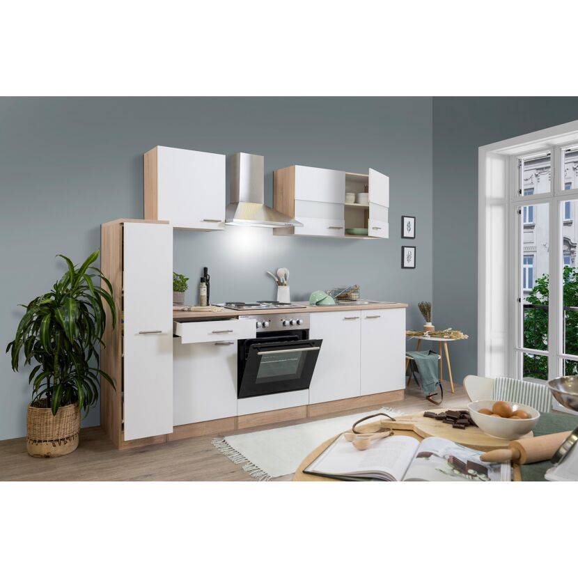 Küchenzeile 'Merle' mit E-Geräten KB240ESW weiß/eichefarben 240 cm