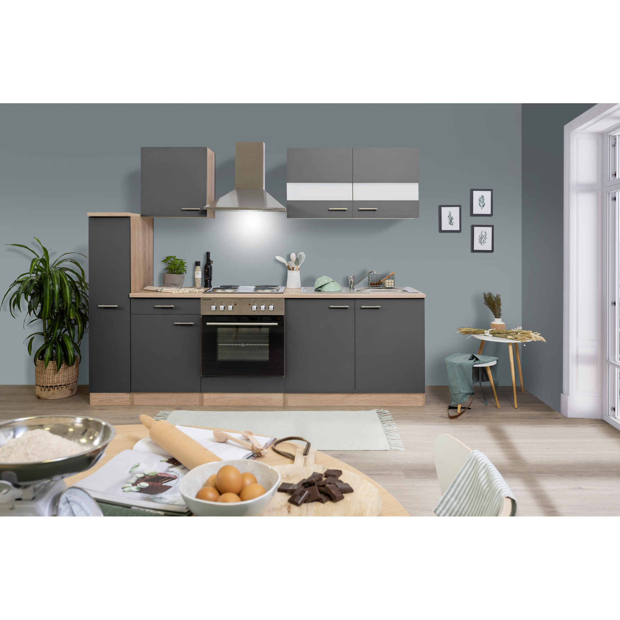 Küchenzeile 'Merle' mit E-Geräten KB240ESG grau/eichefarben 240 cm