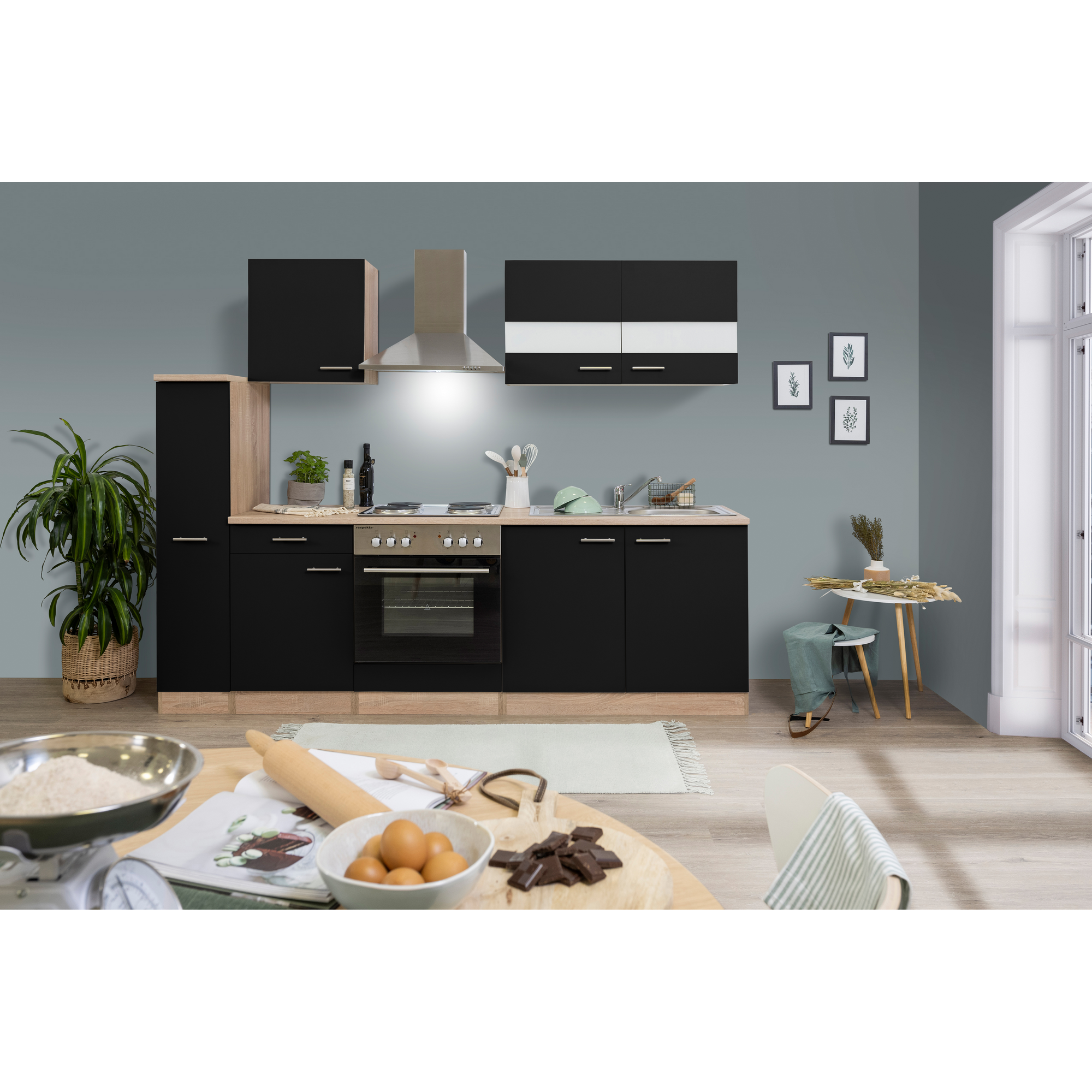 Küchenzeile 'Merle' mit E-Geräten KB240ESS schwarz/eichefarben 240 cm