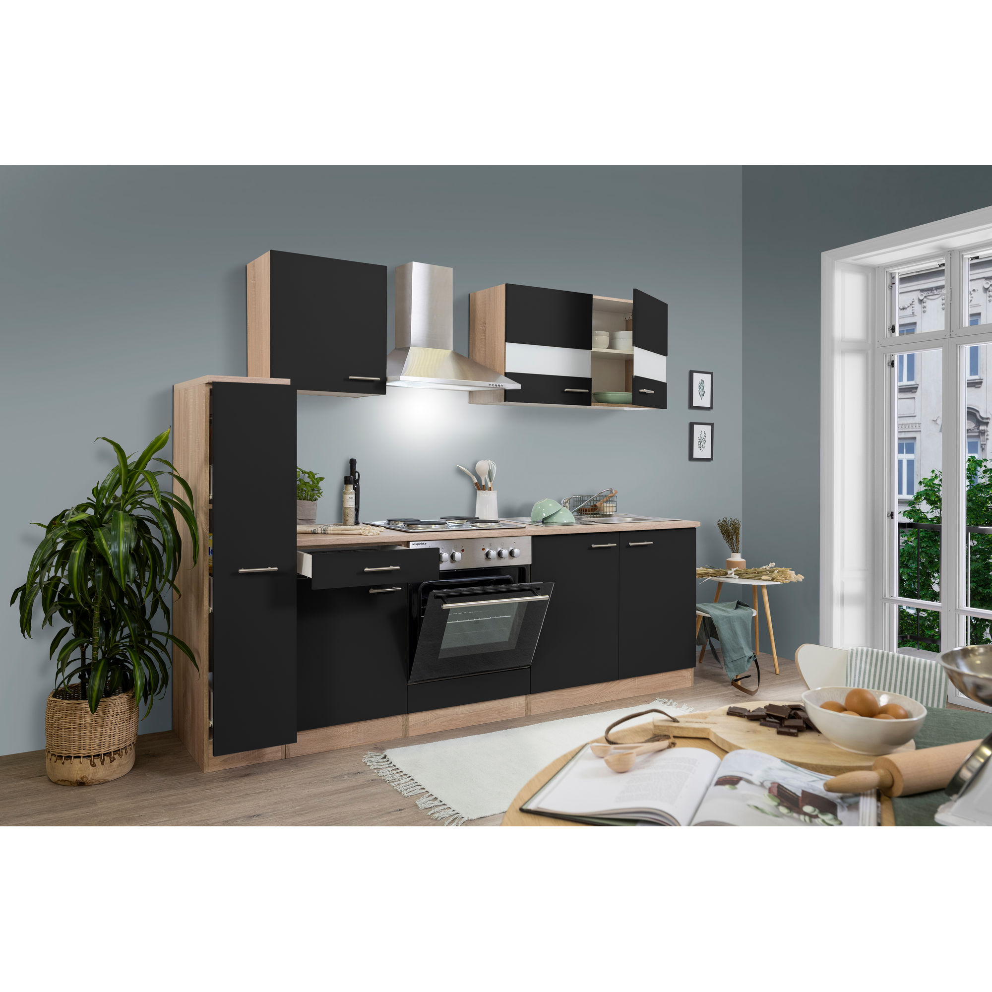 Küchenzeile 'Merle' mit E-Geräten KB240ESS schwarz/eichefarben 240 cm