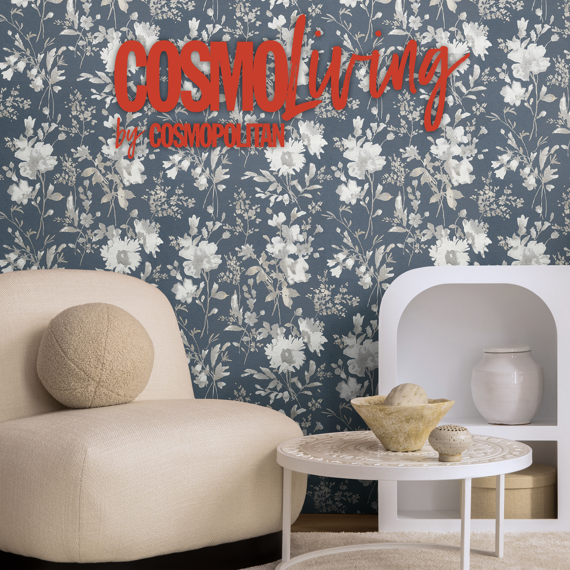 Vliestapete 'CosmoLiving by Cosmopolitan' Blüten dunkelblau 10,05 x 0,53 m