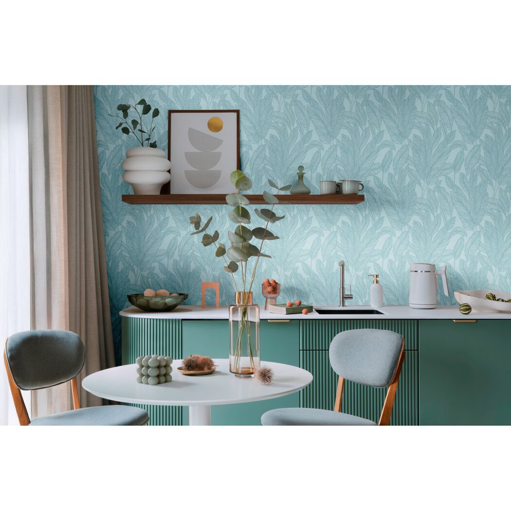 Vliestapete 'CosmoLiving by Cosmopolitan' Blätter hellblau 10,05 x 0,53 m