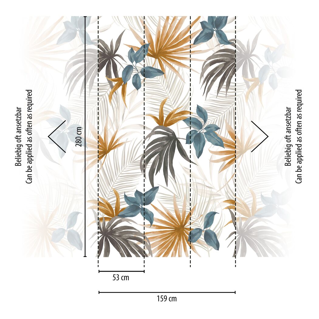 Vliestapete 'CosmoLiving by Cosmopolitan' Tropelia Dschungelblätter braun/blau 3-teilig 1,59 x 2,8 m