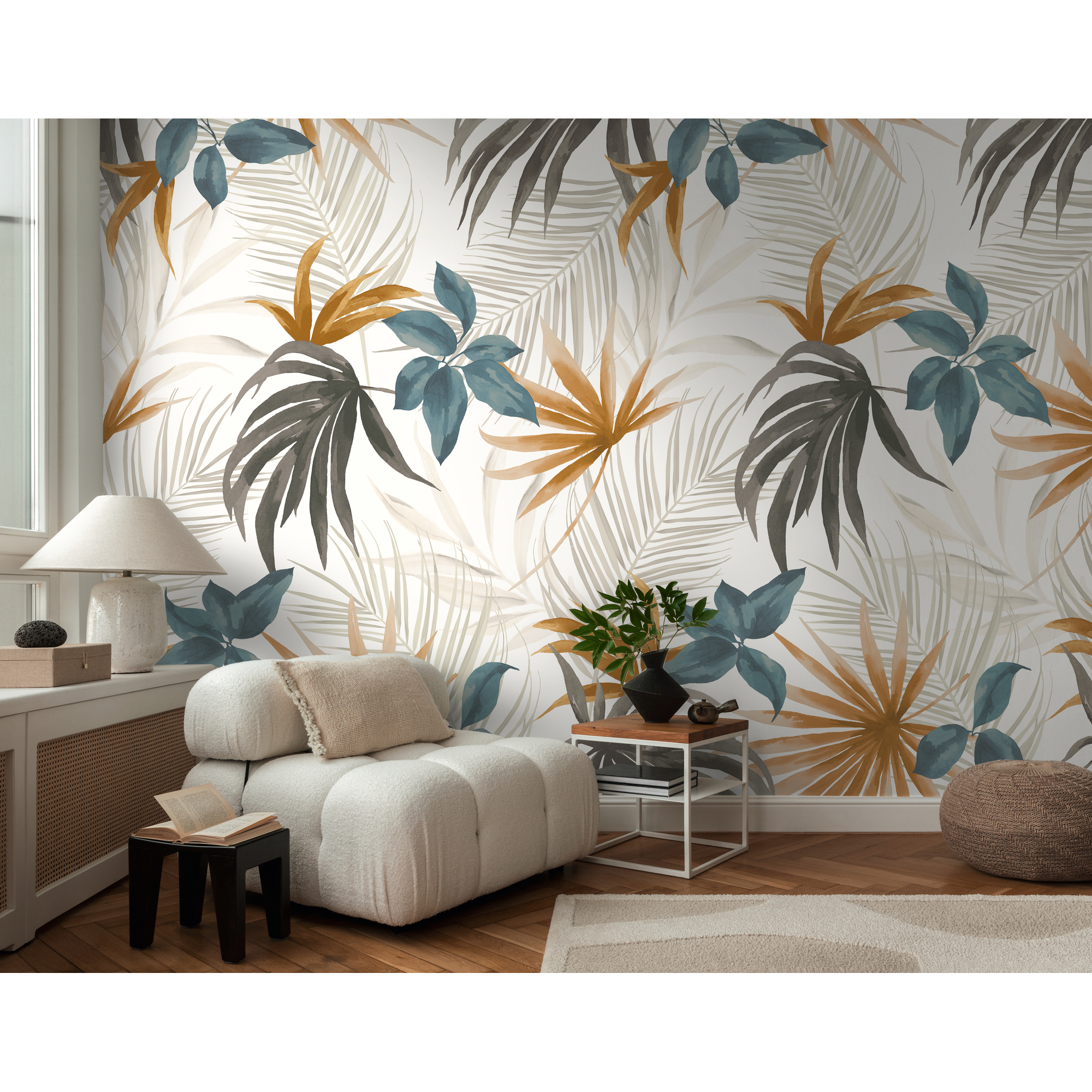 Vliestapete 'CosmoLiving by Cosmopolitan' Tropelia Dschungelblätter braun/blau 3-teilig 1,59 x 2,8 m