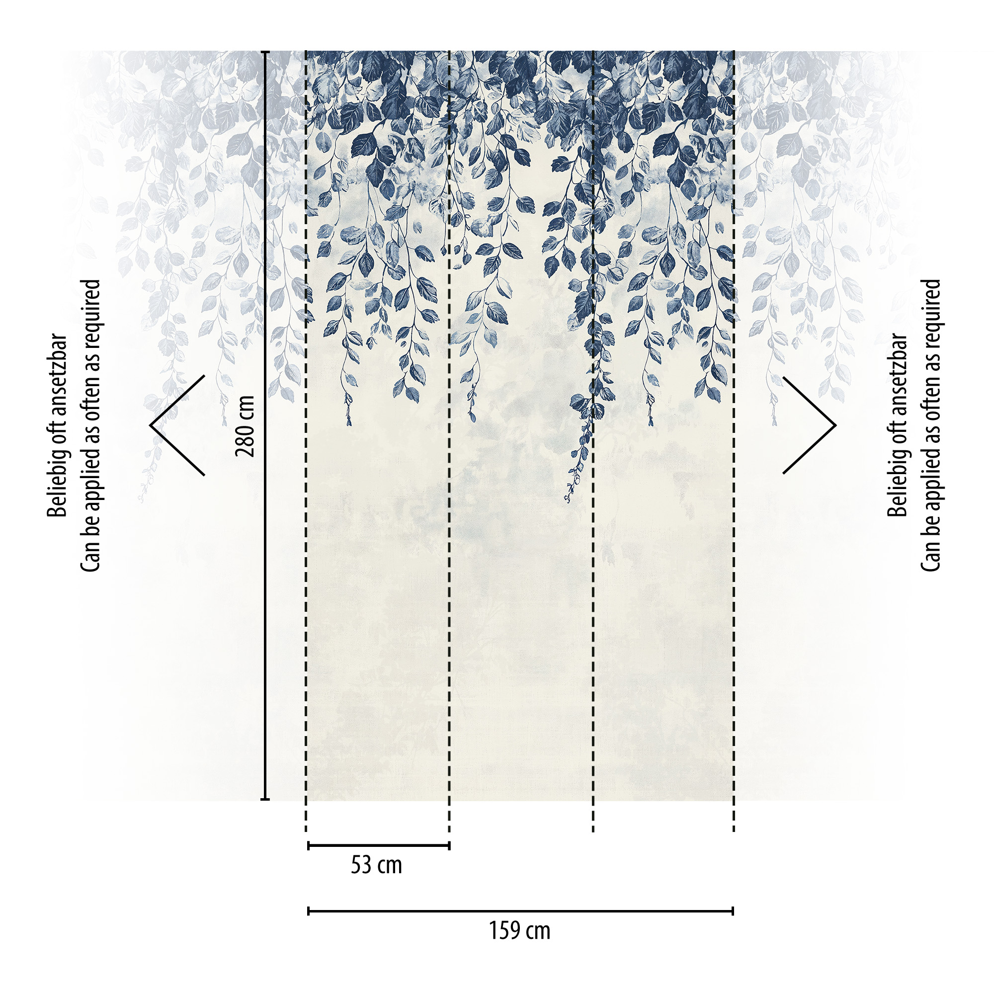 Vliestapete 'CosmoLiving by Cosmopolitan' Hanging Garden Blätter blau/weiß 3-teilig 1,59 x 2,8 m